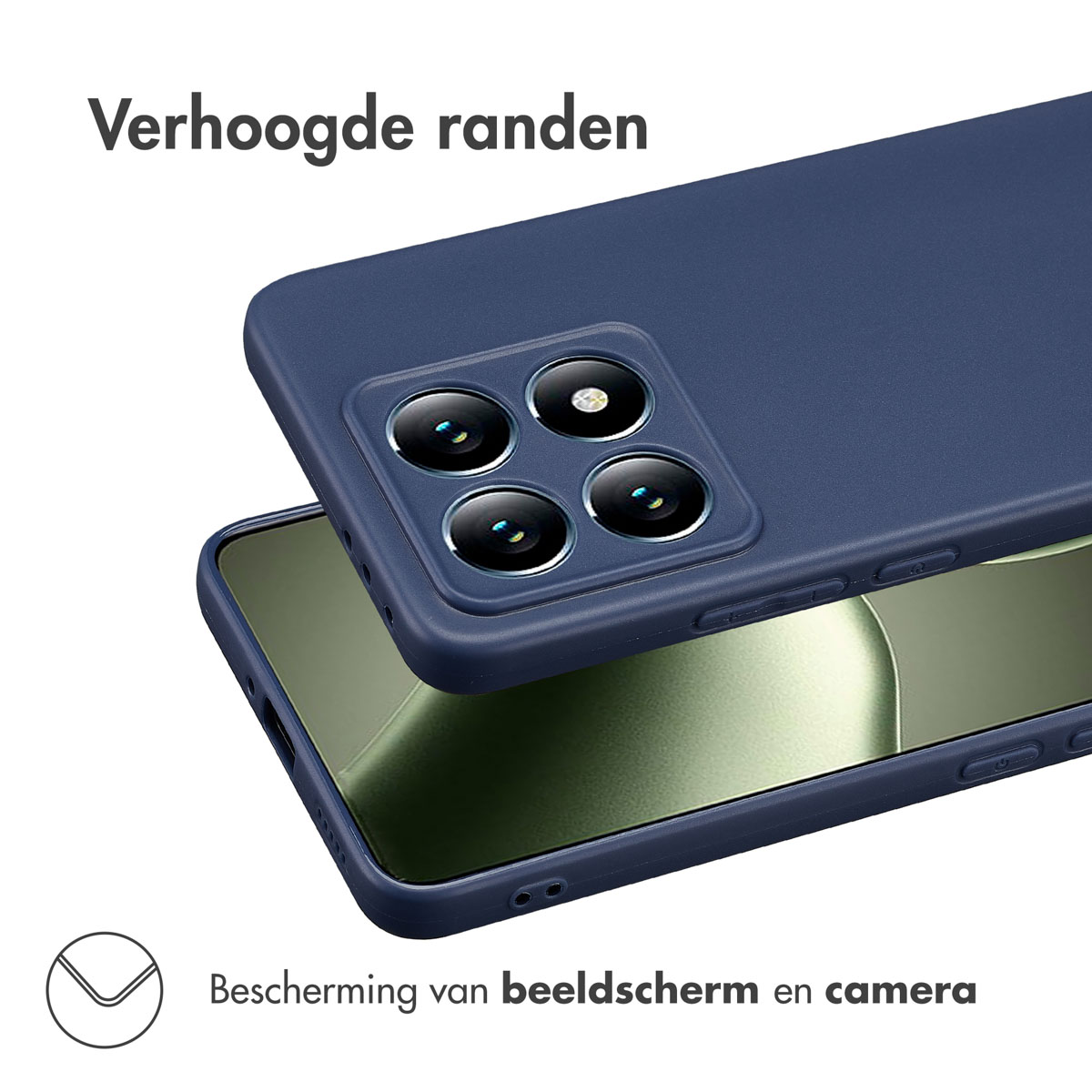 Marineblauwe telefoonhoes met verhoogde randen. Beschermt scherm en camera.