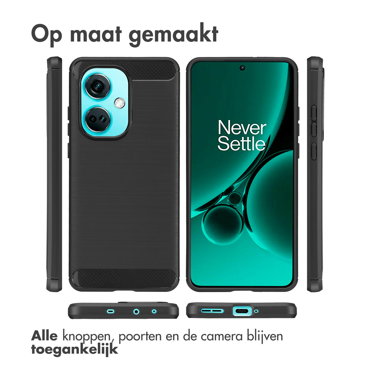 Custodia per telefono nera con un telefono. La custodia ha pulsanti e porte accessibili.