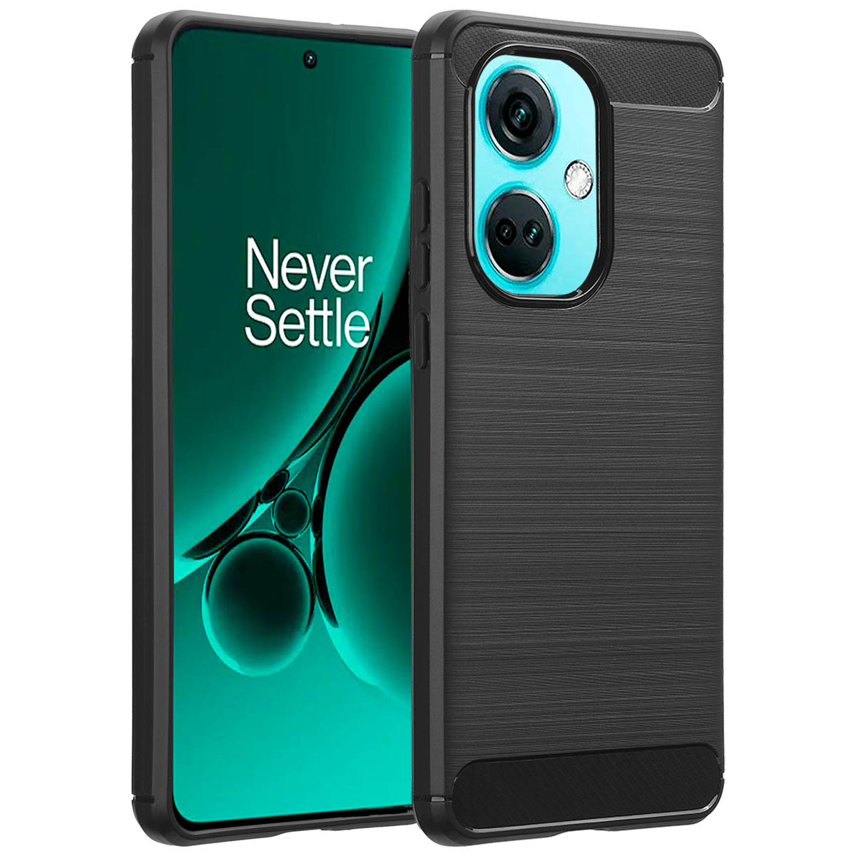 Telefono nero in custodia, schermo verde con testo "Never Settle" e custodia nera strutturata.