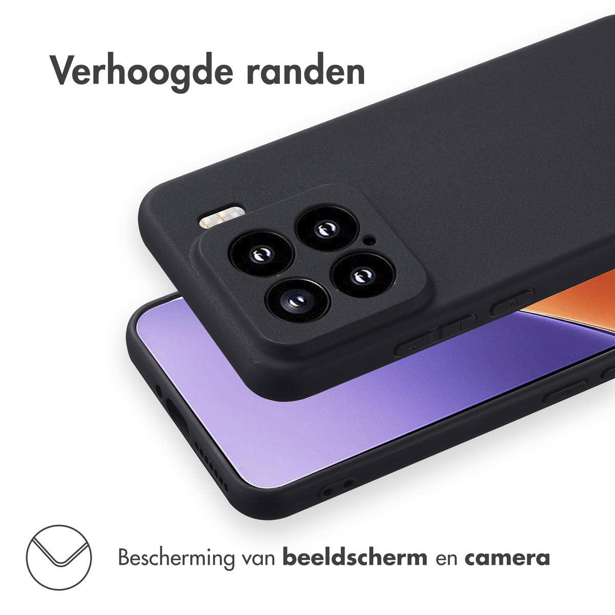 Zwarte telefoonhoes met een telefoon erin. De hoes heeft verhoogde randen. Scherm- en camerabescherming wordt geadverteerd.