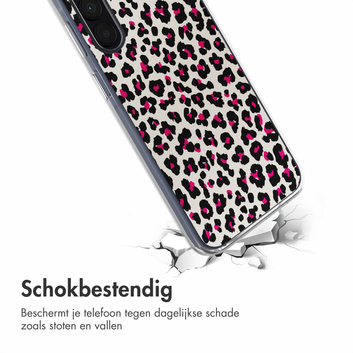 Coque de téléphone avec imprimé léopard. Le téléphone est sur une surface avec des fissures.