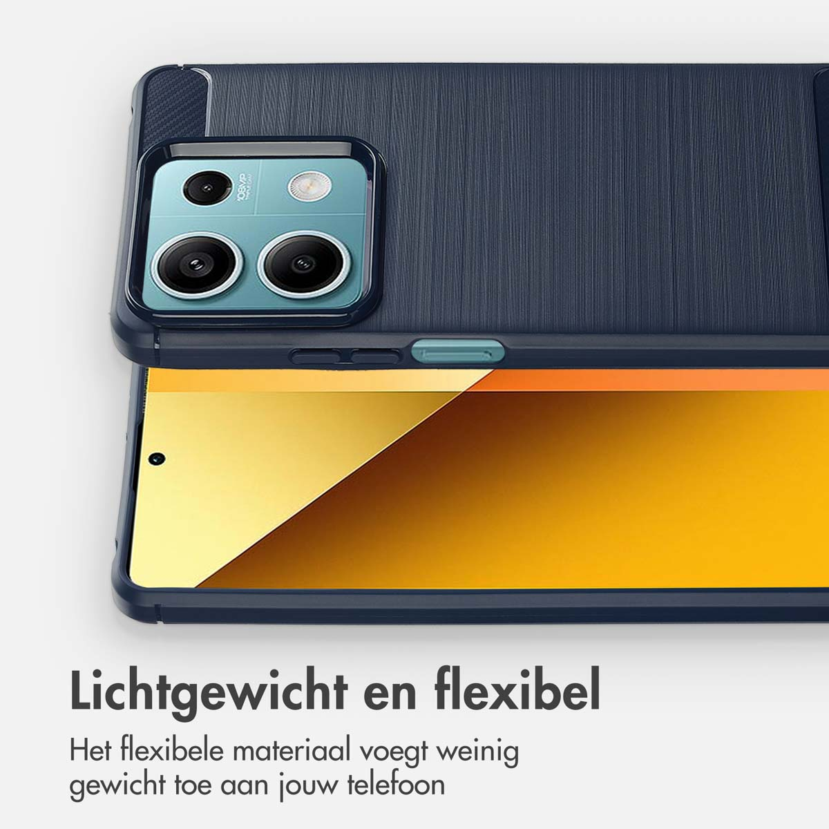 Coque de téléphone bleue avec téléphone à l'intérieur. Protecteur d'écran jaune visible. Design léger.