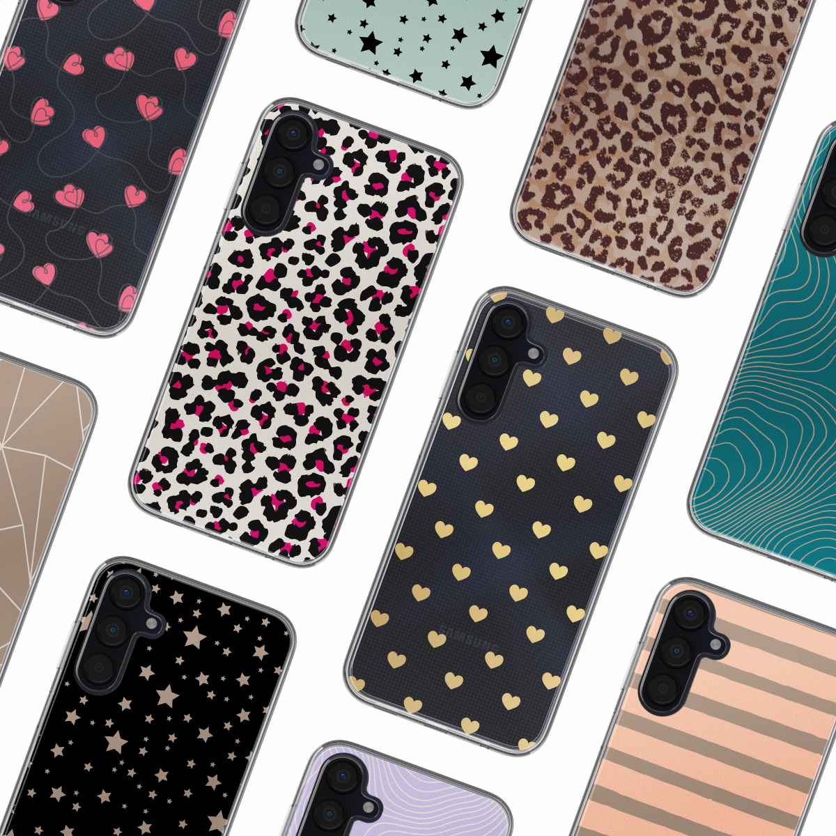 Variété de coques de téléphone avec différents motifs : coeurs, imprimé léopard, étoiles, coeurs dorés.