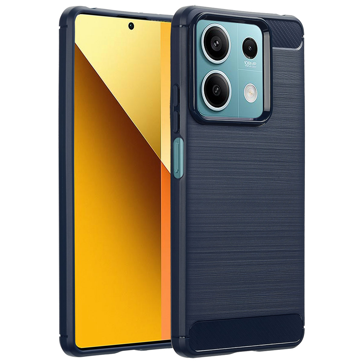 Coque de téléphone bleu foncé. Le téléphone est dans la coque. Le dos a un motif texturé. Les bords sont lisses.