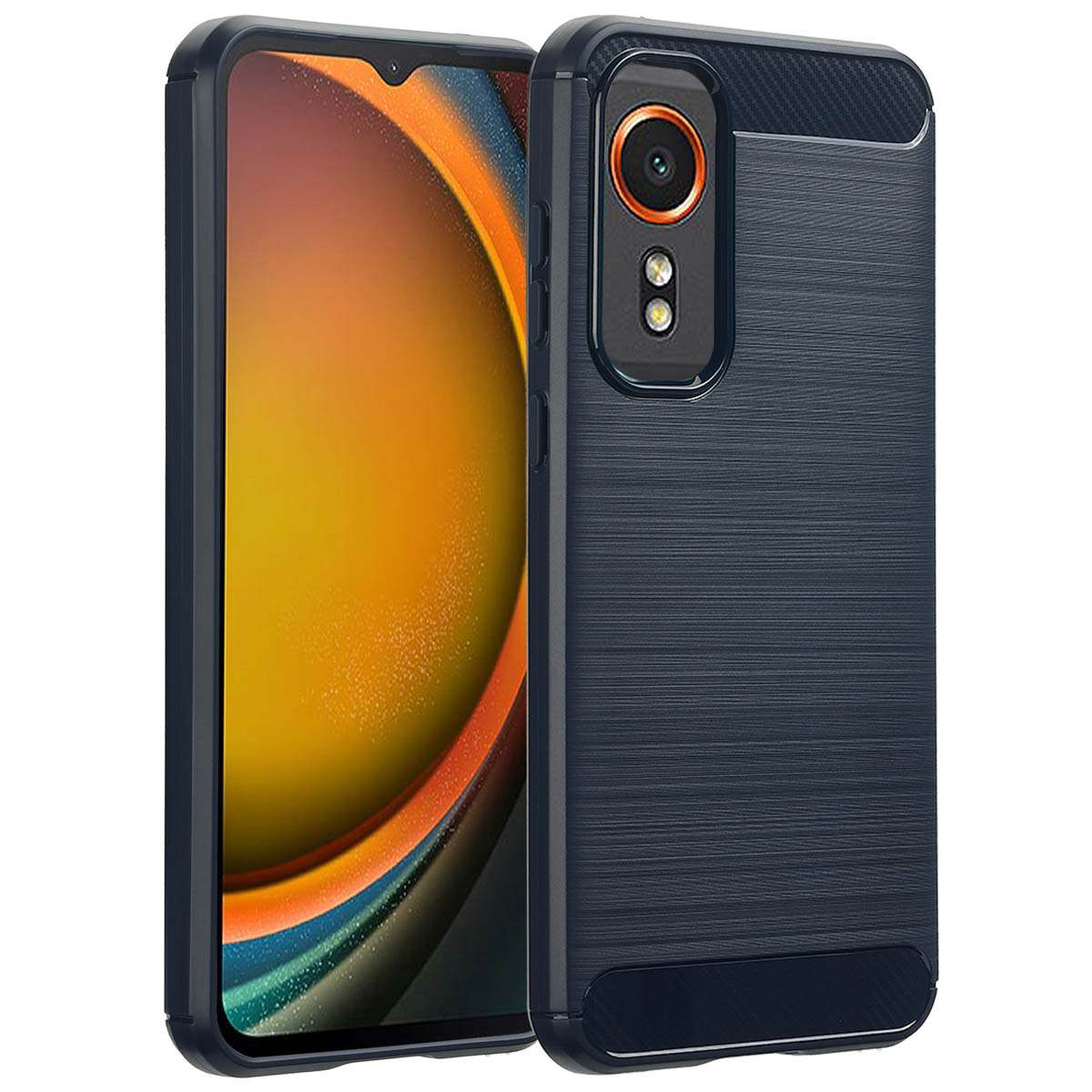Une coque de téléphone bleu foncé avec un téléphone à l'intérieur. La coque a un dos texturé et des caméras doubles.