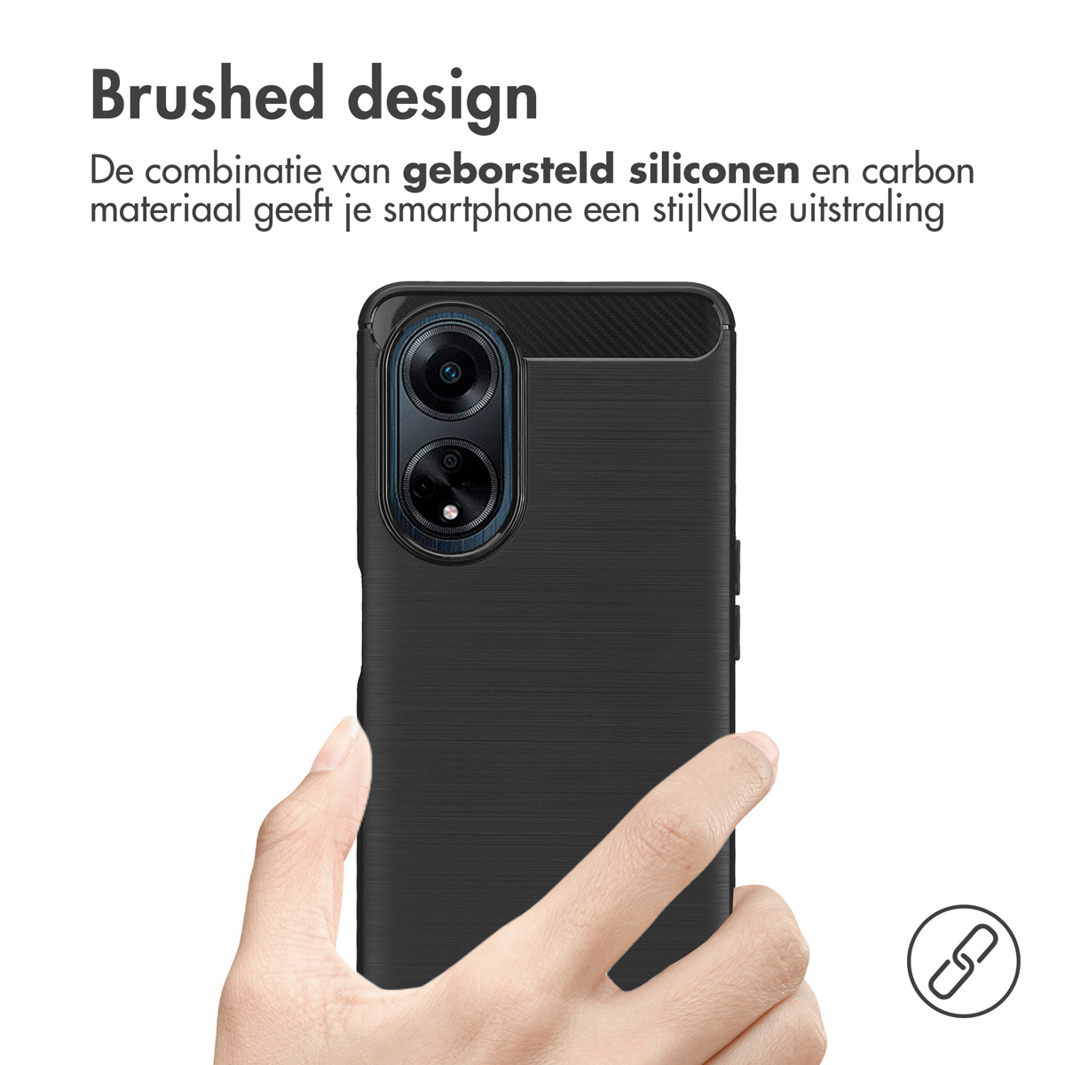 Una mano che tiene una custodia nera per telefono con un design spazzolato. Il testo dice: La combinazione di silicone e materiale in carbonio.