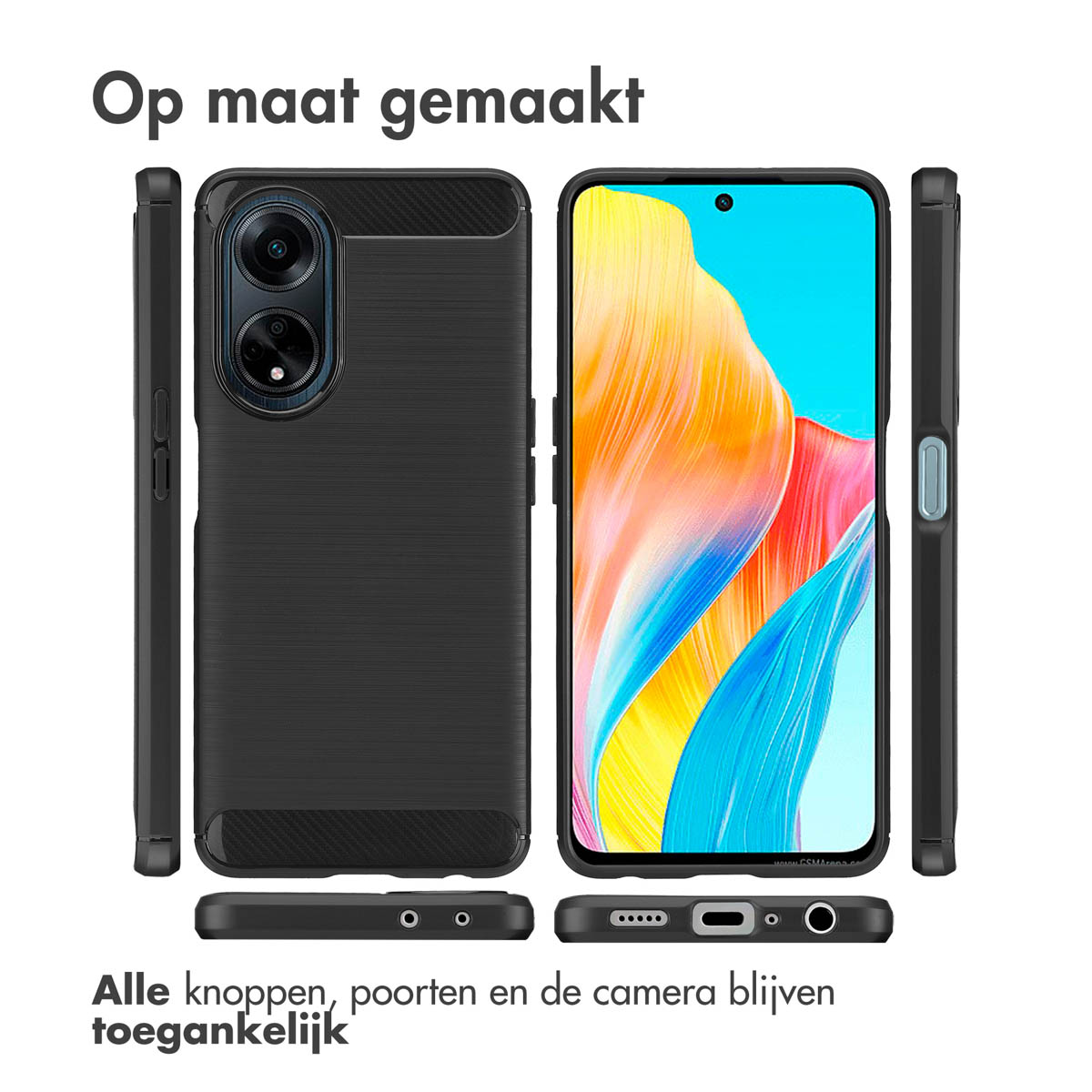 Telefono in una custodia nera con le porte e i pulsanti del telefono visibili.