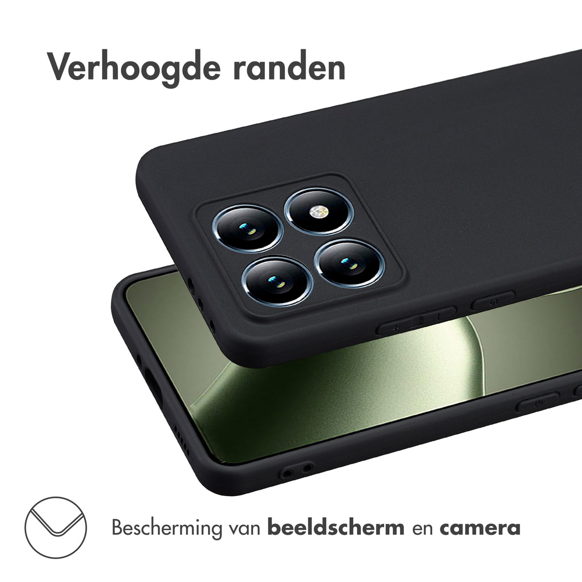 Gros plan sur un étui de téléphone noir. L'étui a des bords surélevés autour de l'appareil photo.