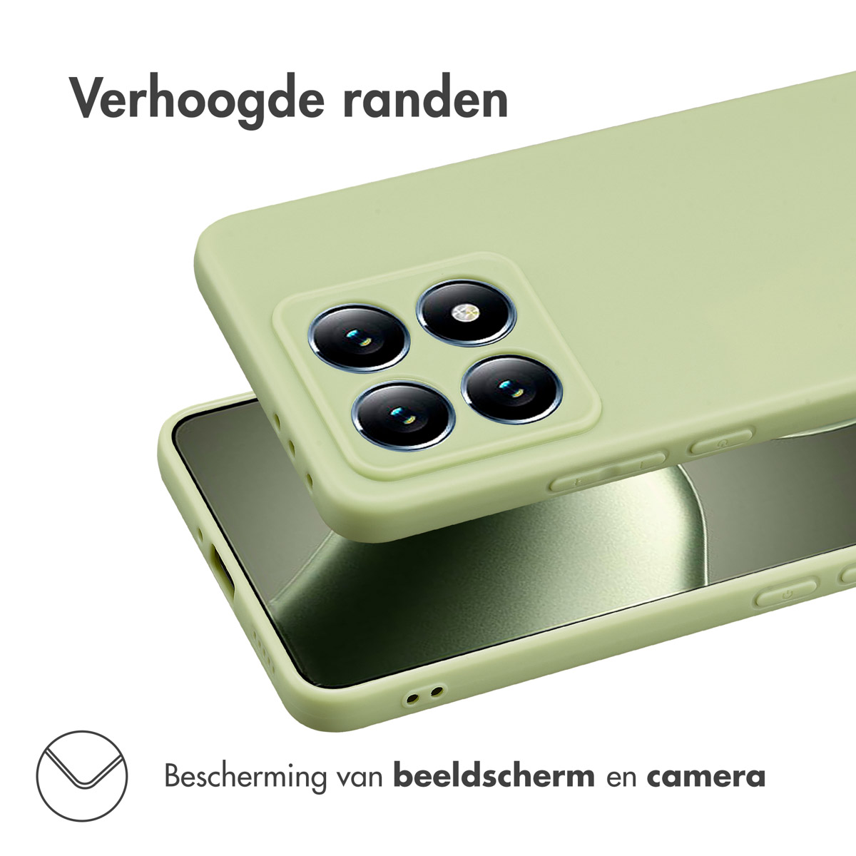 Coque de téléphone verte avec bords surélevés, protégeant l'écran et la caméra. Vue de dessus.