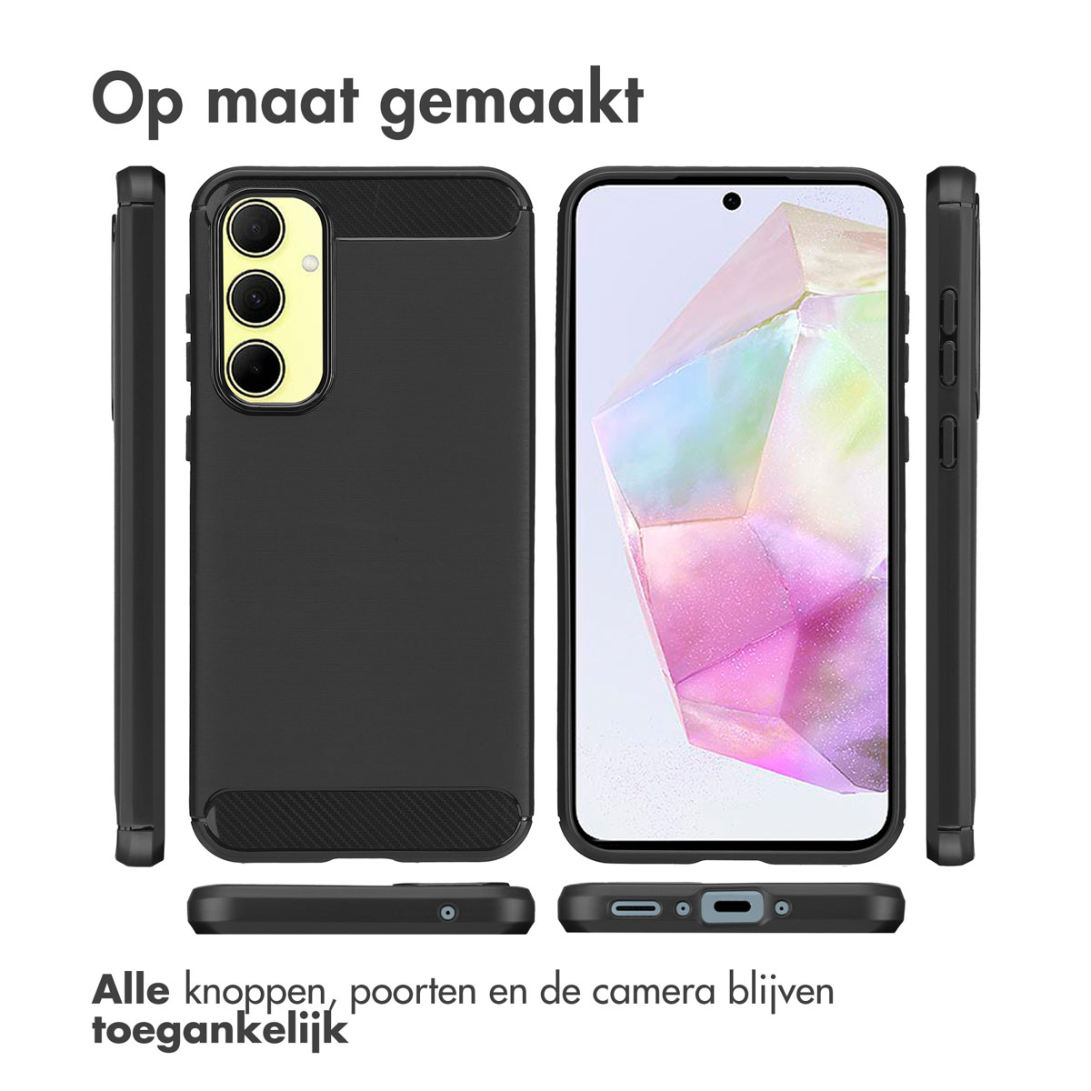 Custodia per telefono con telefono all'interno, colore nero, viste multiple. Testo: 'Op maat gemaakt', 'Alle knoppen...'