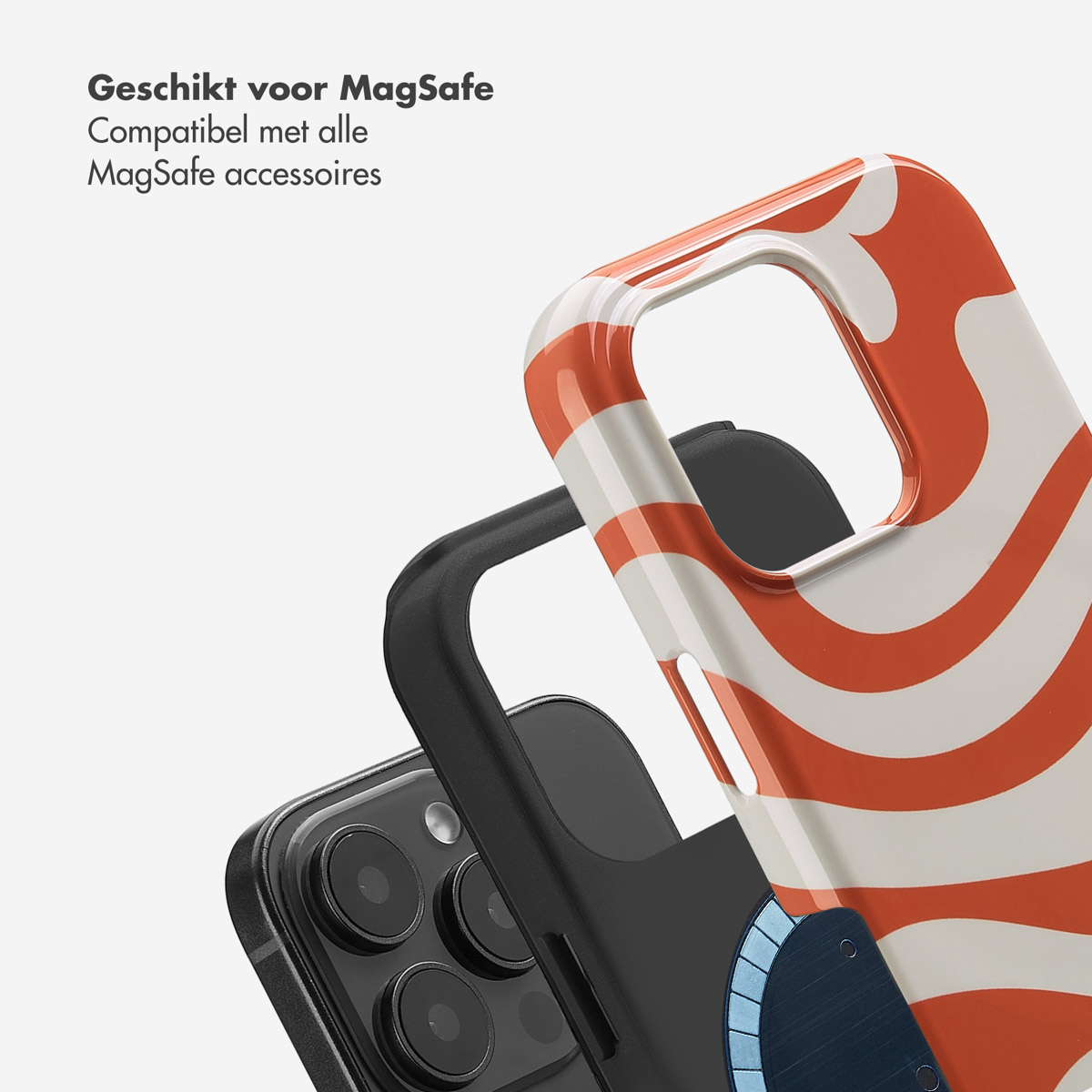 Telefoonhoesje met een rood-wit patroon, met een zwarte telefoon erin, en tekst.