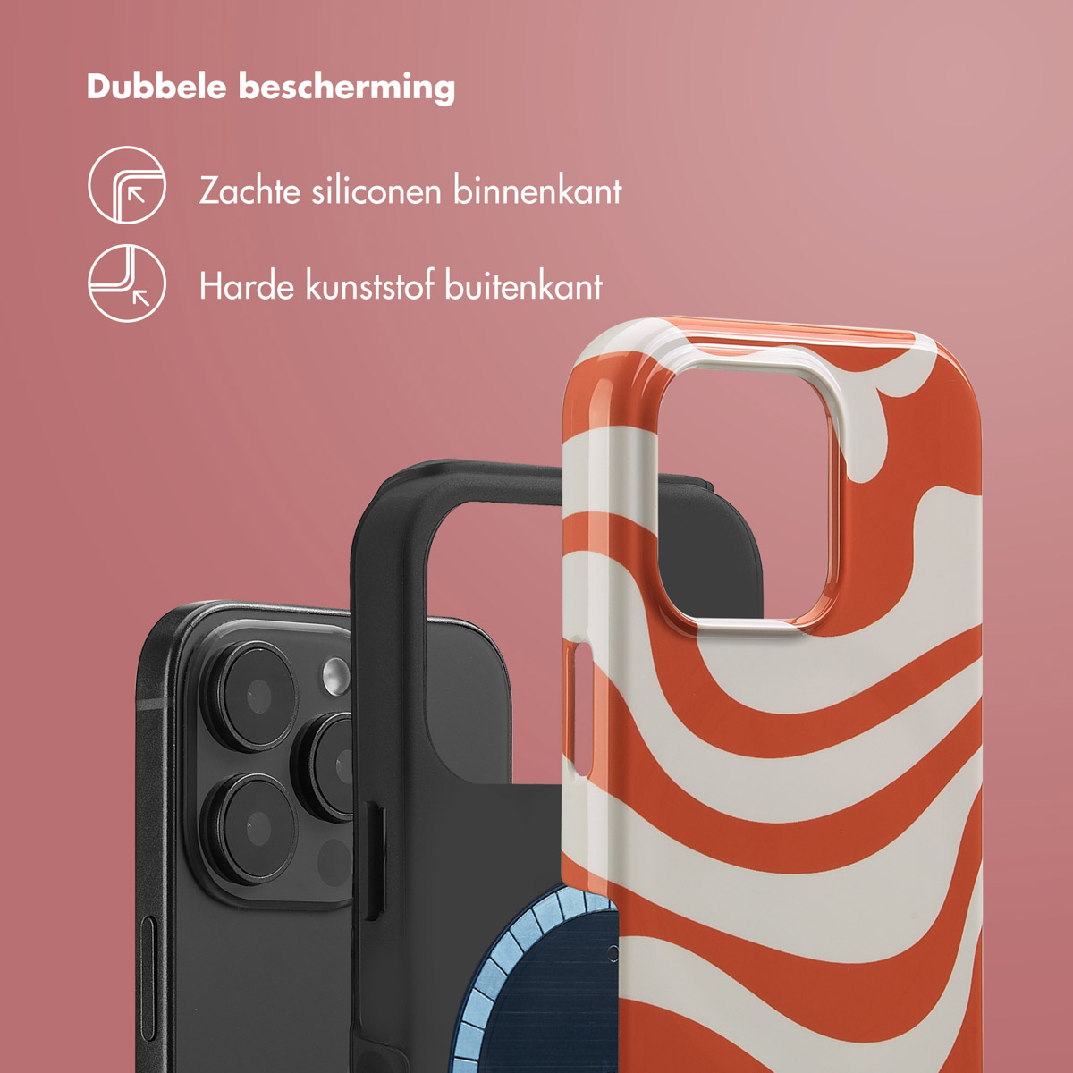 Telefoonhoesje met oranje en wit patroon. Toont binnen- en buitenlagen. Tekst: dubbele bescherming.