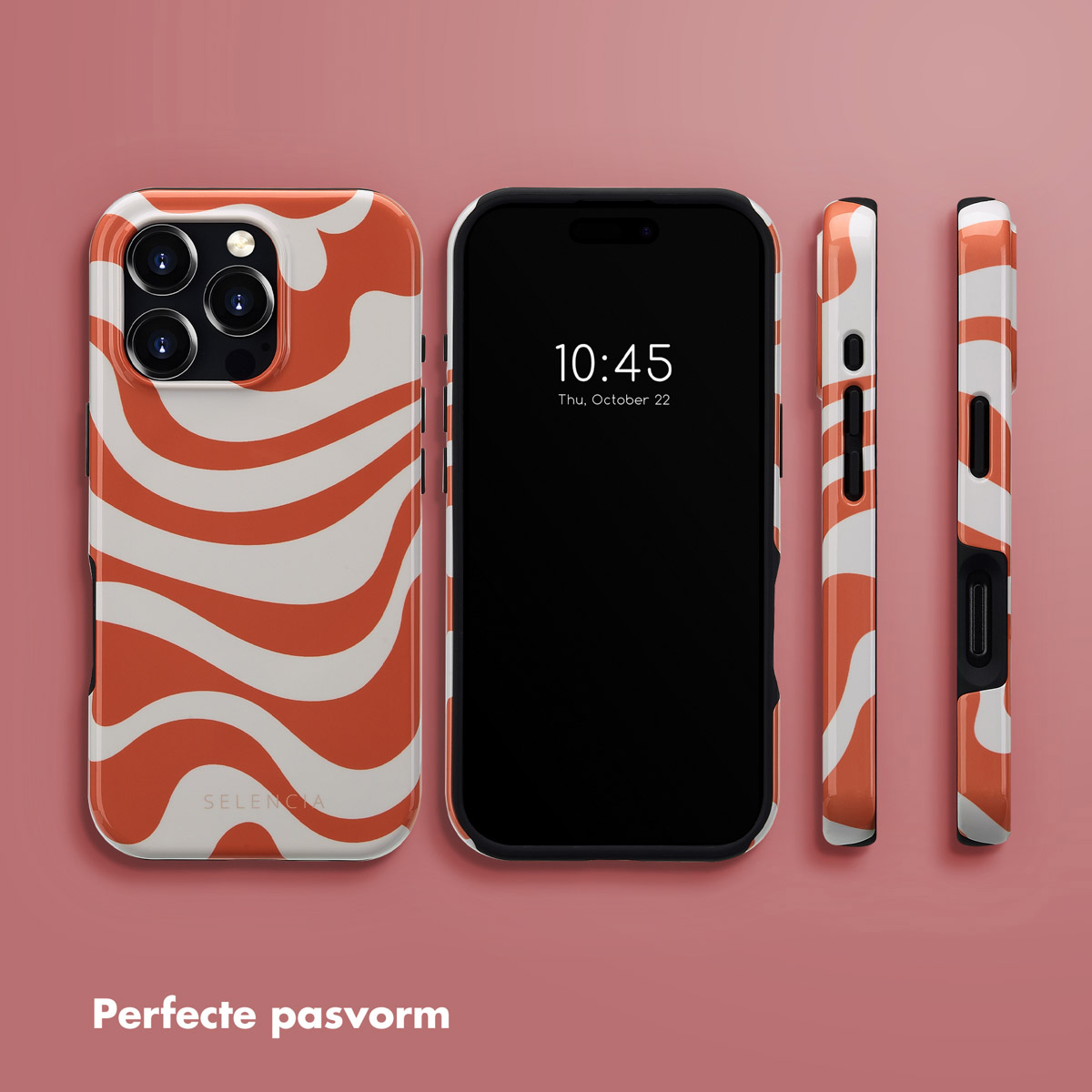 Telefoonhoesje met oranje en wit golvend patroon, verschillende aanzichten, met een telefoon erin.