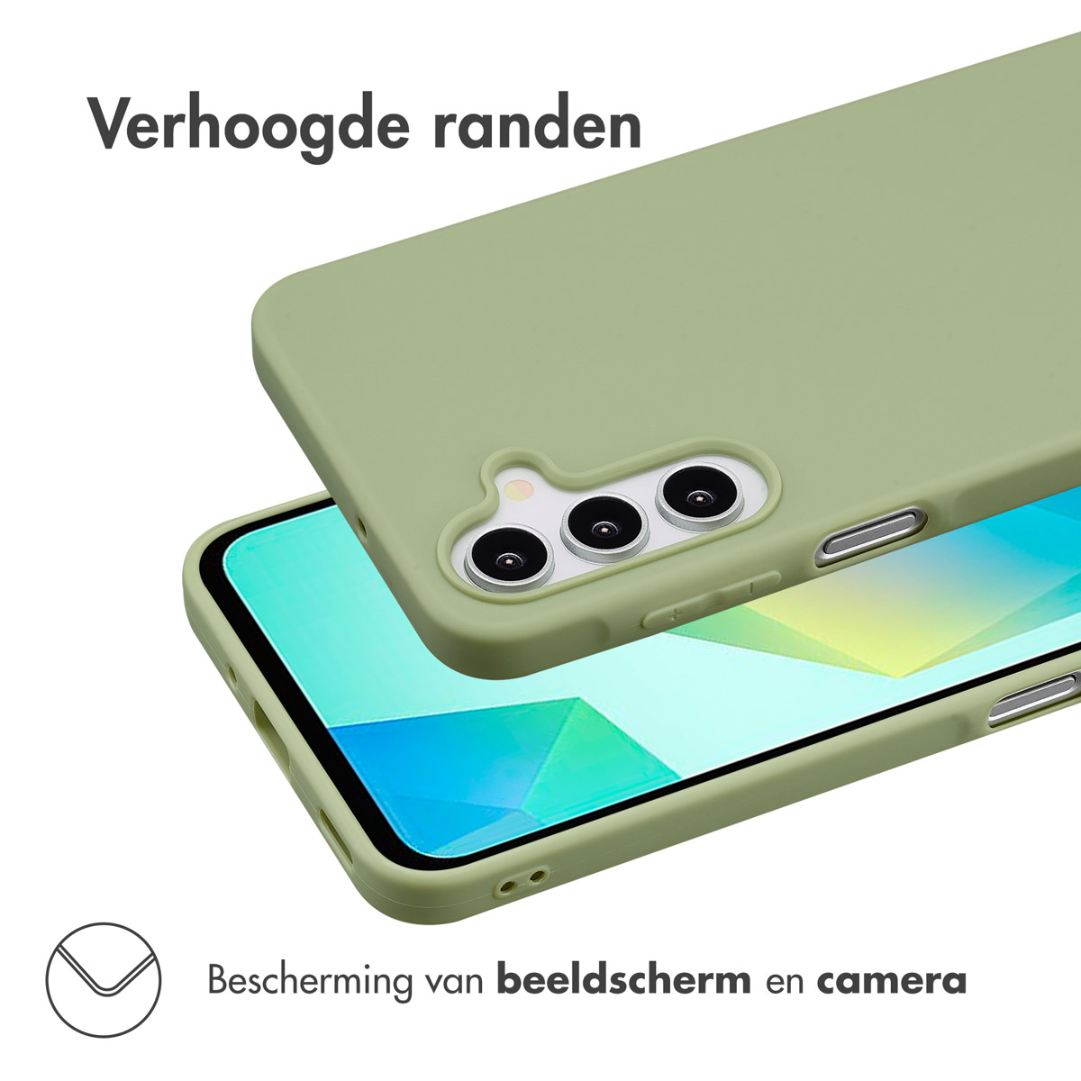 Grüne Handyhülle über einem Telefon. Weißer Hintergrund.