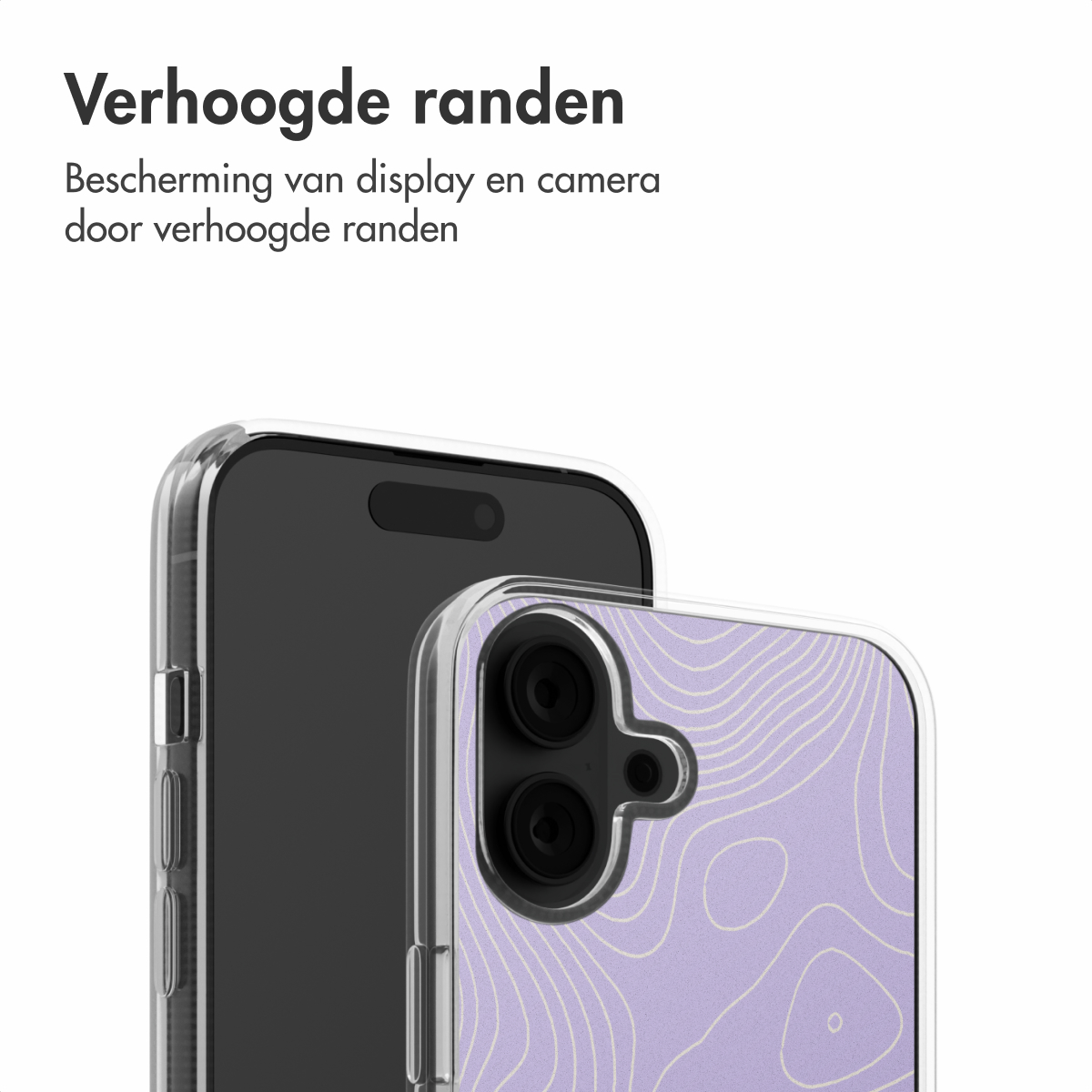 Een telefoon met een doorzichtige hoes, rustend op een scherm. De hoes heeft een paars ontwerp.