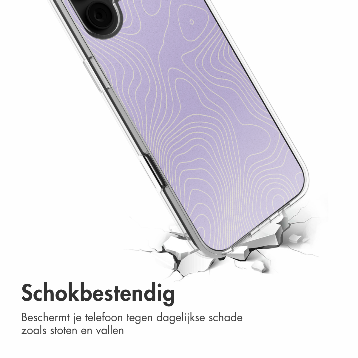 Een telefoon in een hoesje met een topografisch kaartontwerp, dat de grond waarop het ligt, laat barsten.