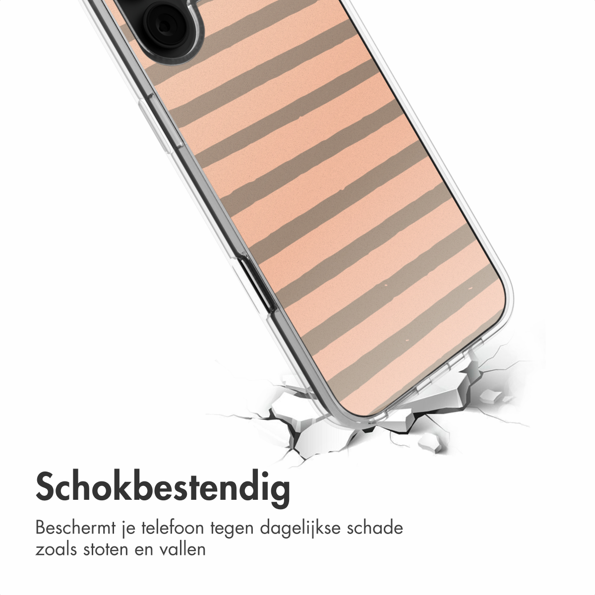 Telefoonhoesje met roze en grijze strepen. De hoes ligt op een gebarsten oppervlak. Tekst: Schokbestendig.