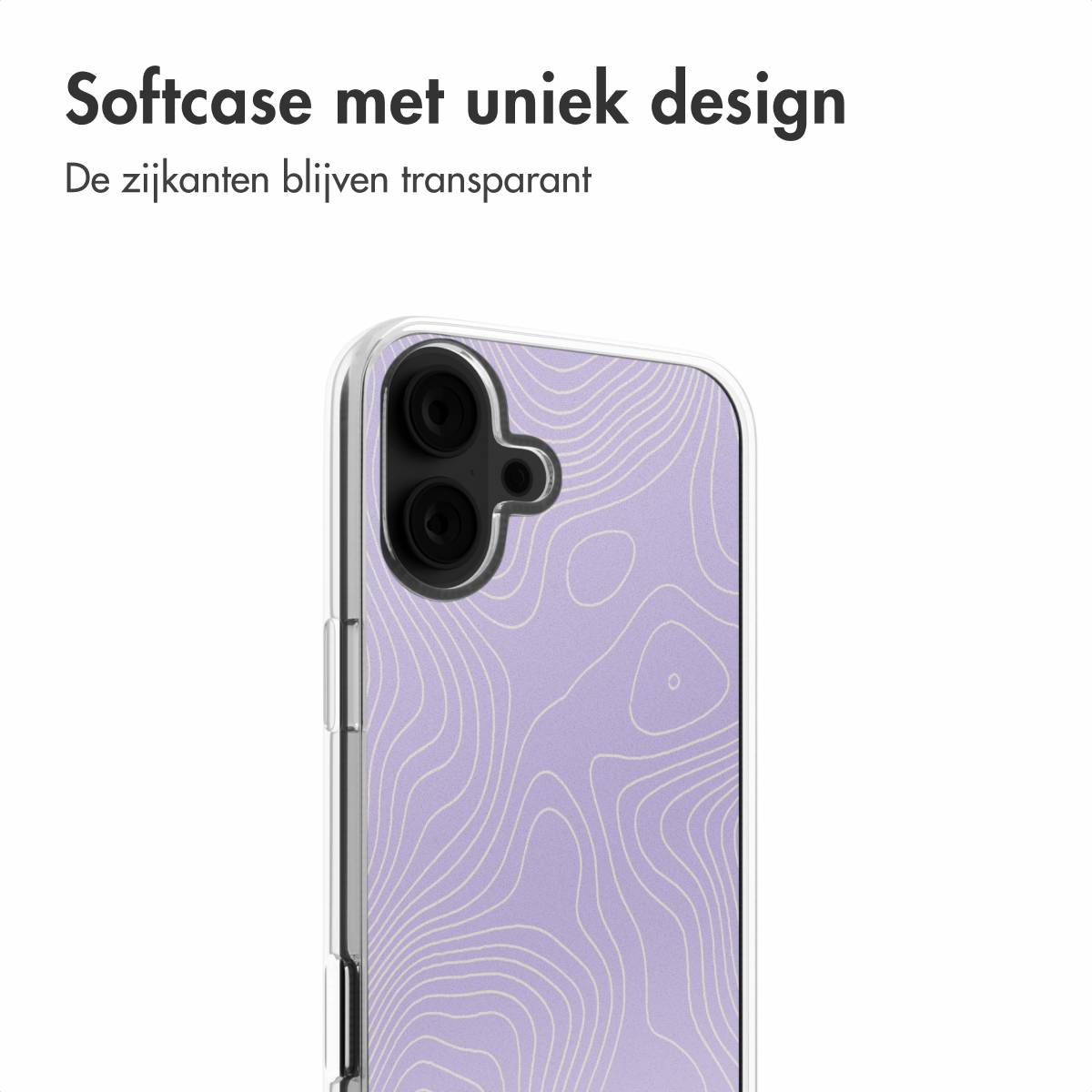 Telefoonhoesje met een paars en wit ontwerp. De telefoonhoes is transparant.