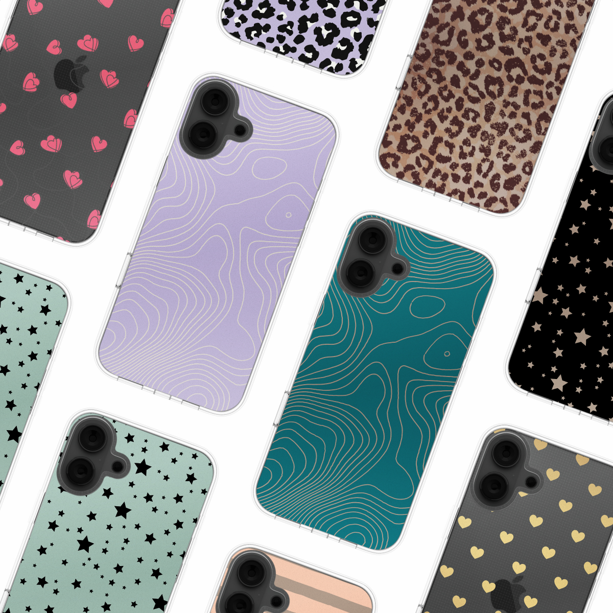 Collectie telefoonhoesjes met diverse patronen: harten, luipaardprint en topografische lijnen.