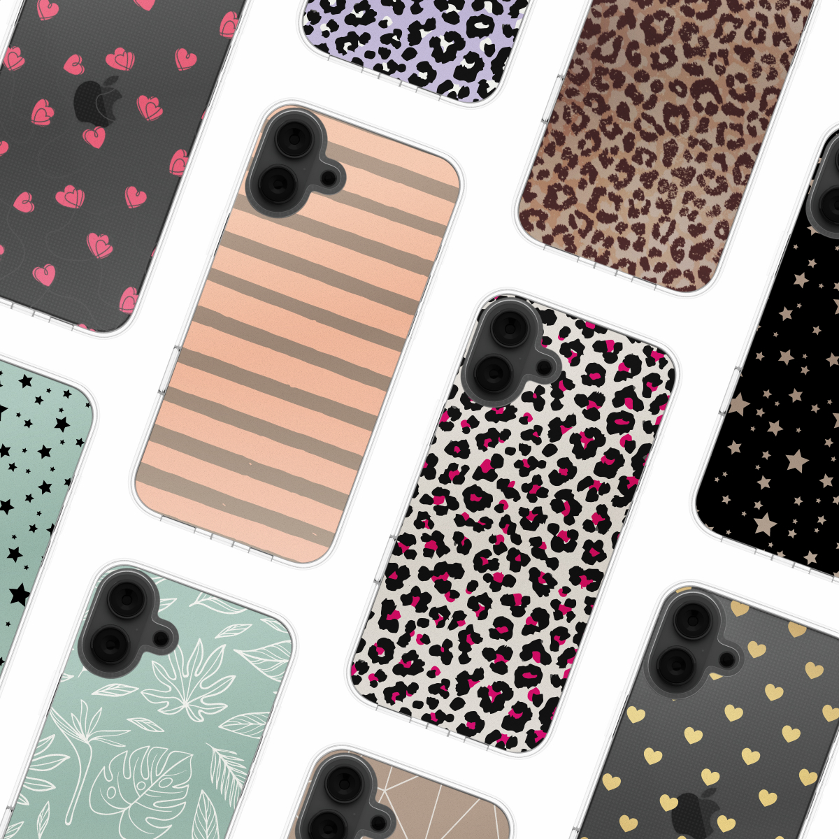 Een verzameling telefoonhoesjes met verschillende patronen, waaronder harten, strepen en dierenprints.