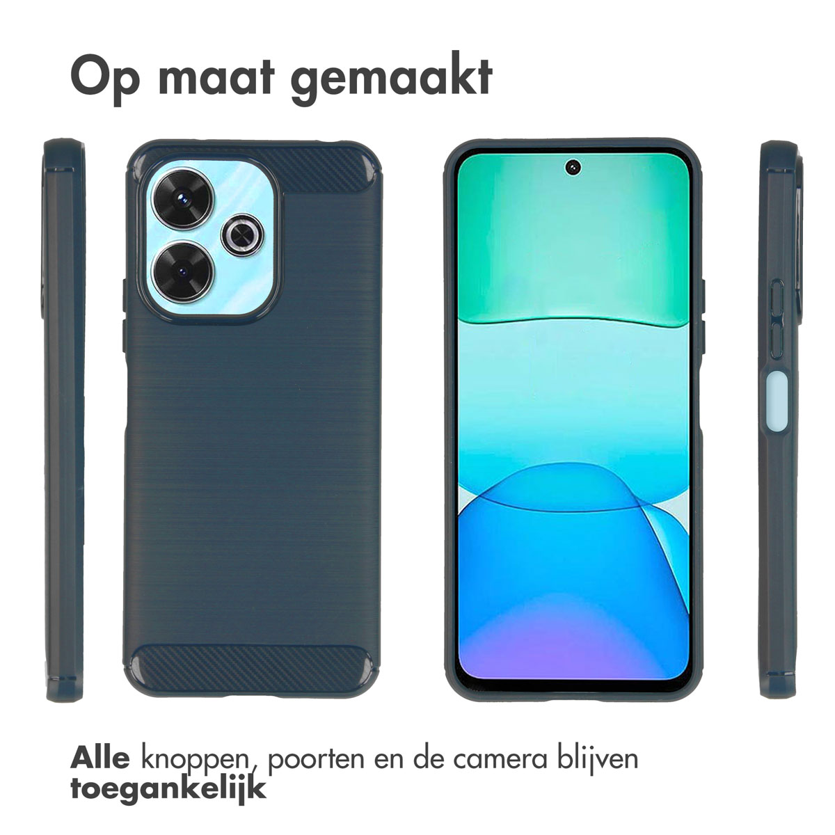 Telefoonhoesje met een marineblauw textuurontwerp. Telefoon zit erin.