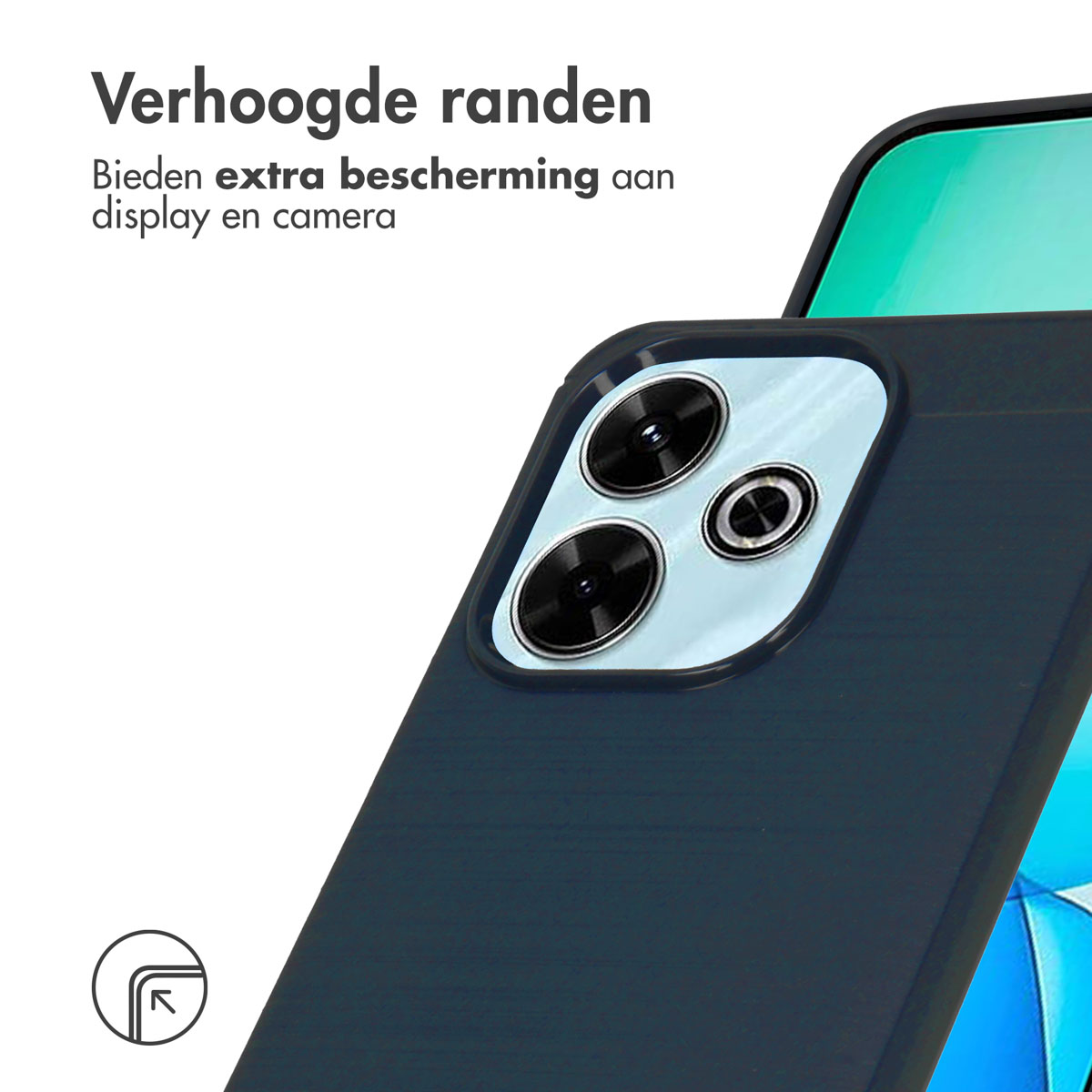 Telefoonhoesje met een donkerblauwe, getextureerde achterkant en camerabult.
