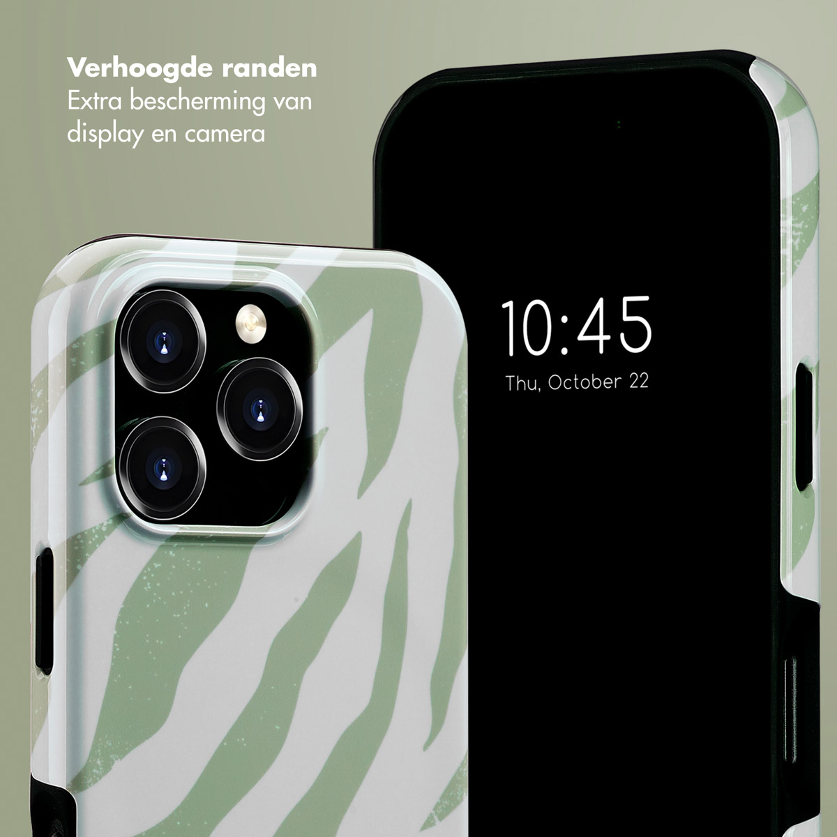 Een telefoon met een patroonhoes rust tegen een zwarte telefoon. De hoes heeft een groen ontwerp.