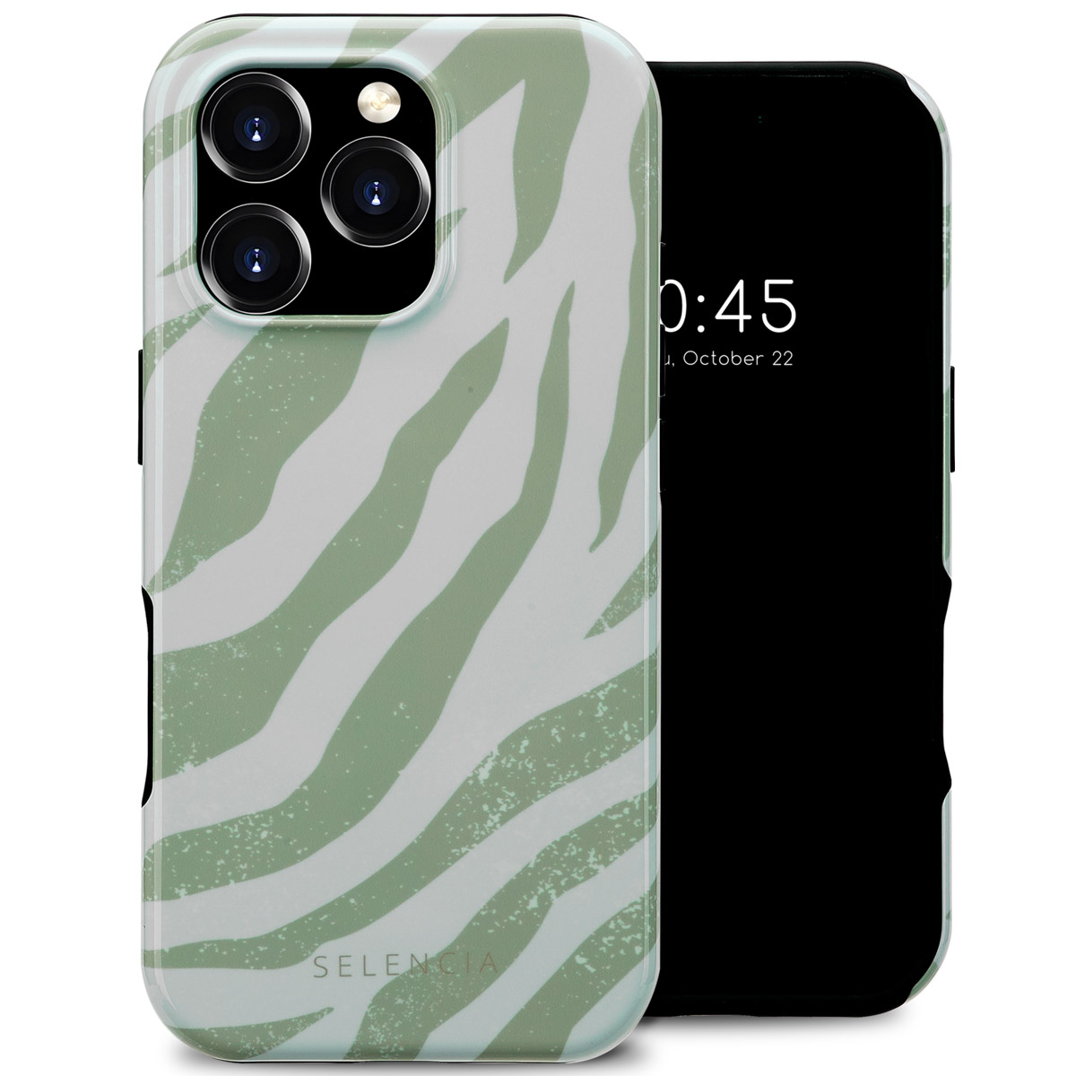 Telefoon met groene zebraprint hoes, telefoon rechts, witte achtergrond.