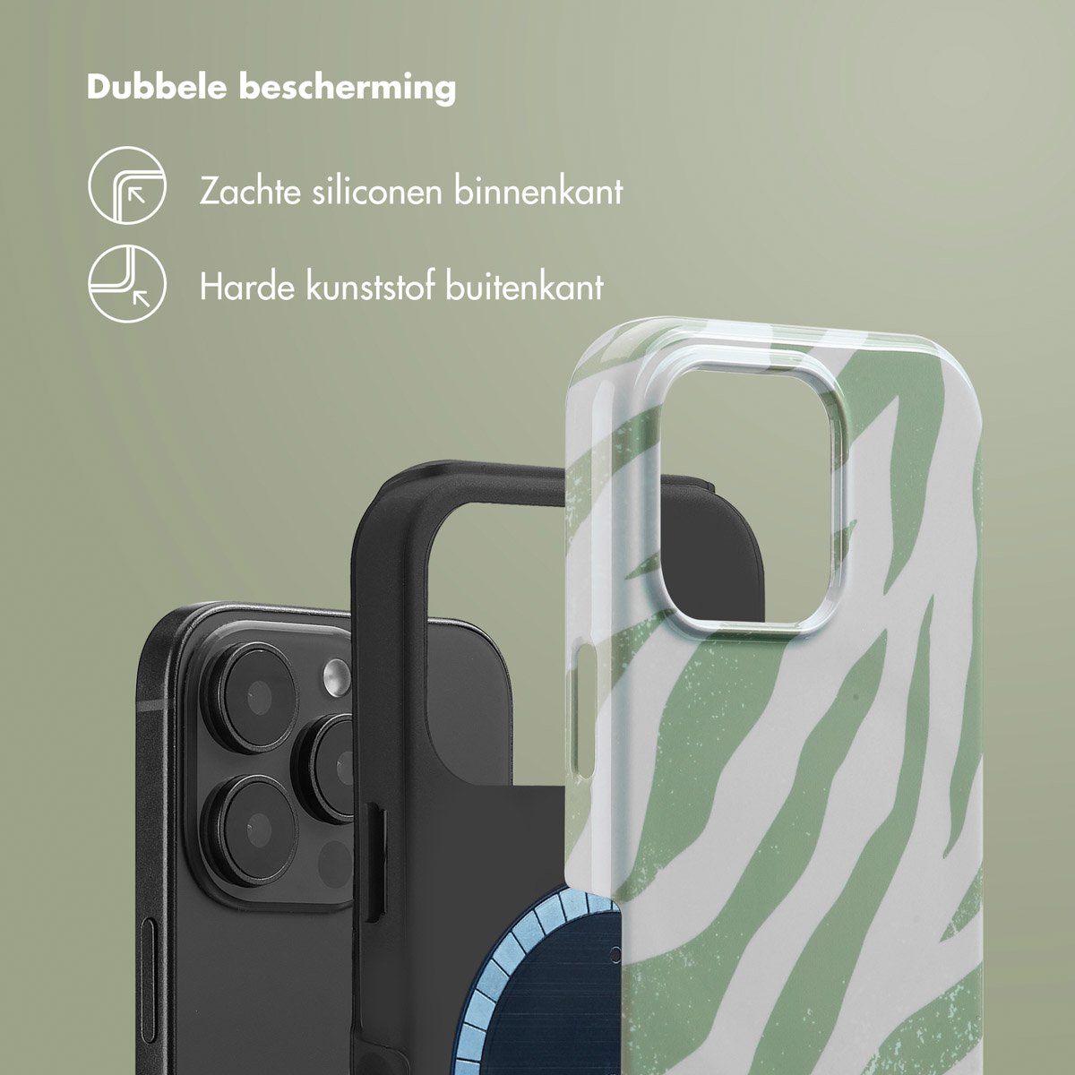 Een telefoonhoesje, zwart-wit zebraprint, met een zwarte telefoon en een groene achtergrond.