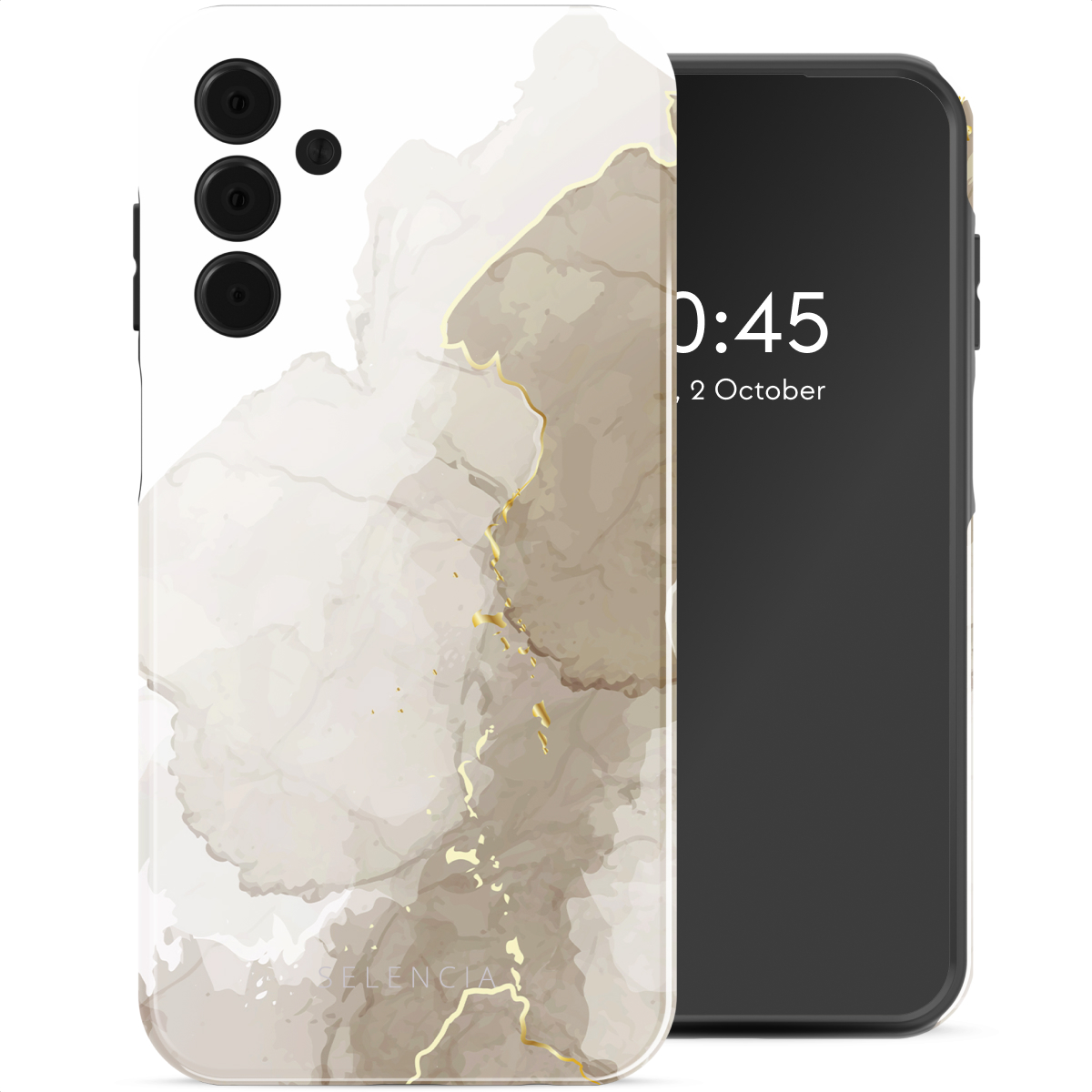 Telefoon met een witte hoes. De hoes heeft een marmerontwerp met gouden accenten. De telefoon staat rechts.