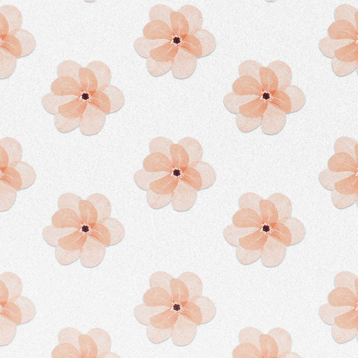 Herhalend patroon van perzikbloemen met donkere centra op een witte achtergrond.