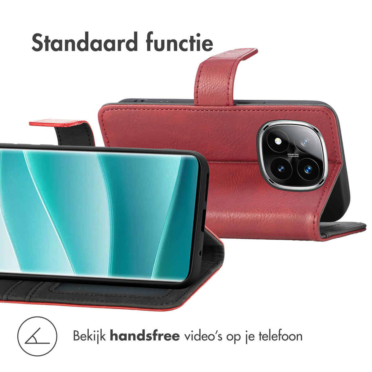Coque de téléphone rouge avec téléphone à l'intérieur, ouverte pour montrer l'écran.
