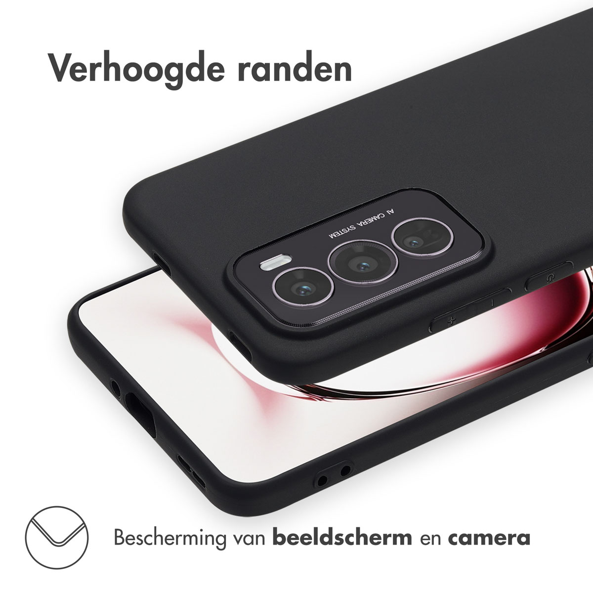 Coque noire avec téléphone à l'intérieur. Texte : Bords surélevés. Protection écran et caméra. Coque noire.