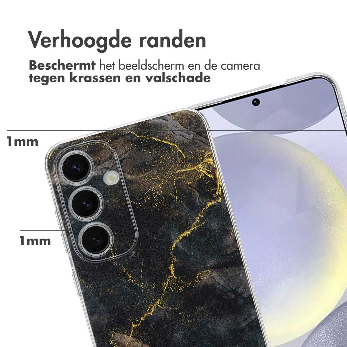 Coque de téléphone avec un motif marbré. La coque a des bords surélevés. Les bords surélevés mesurent 1 mm.