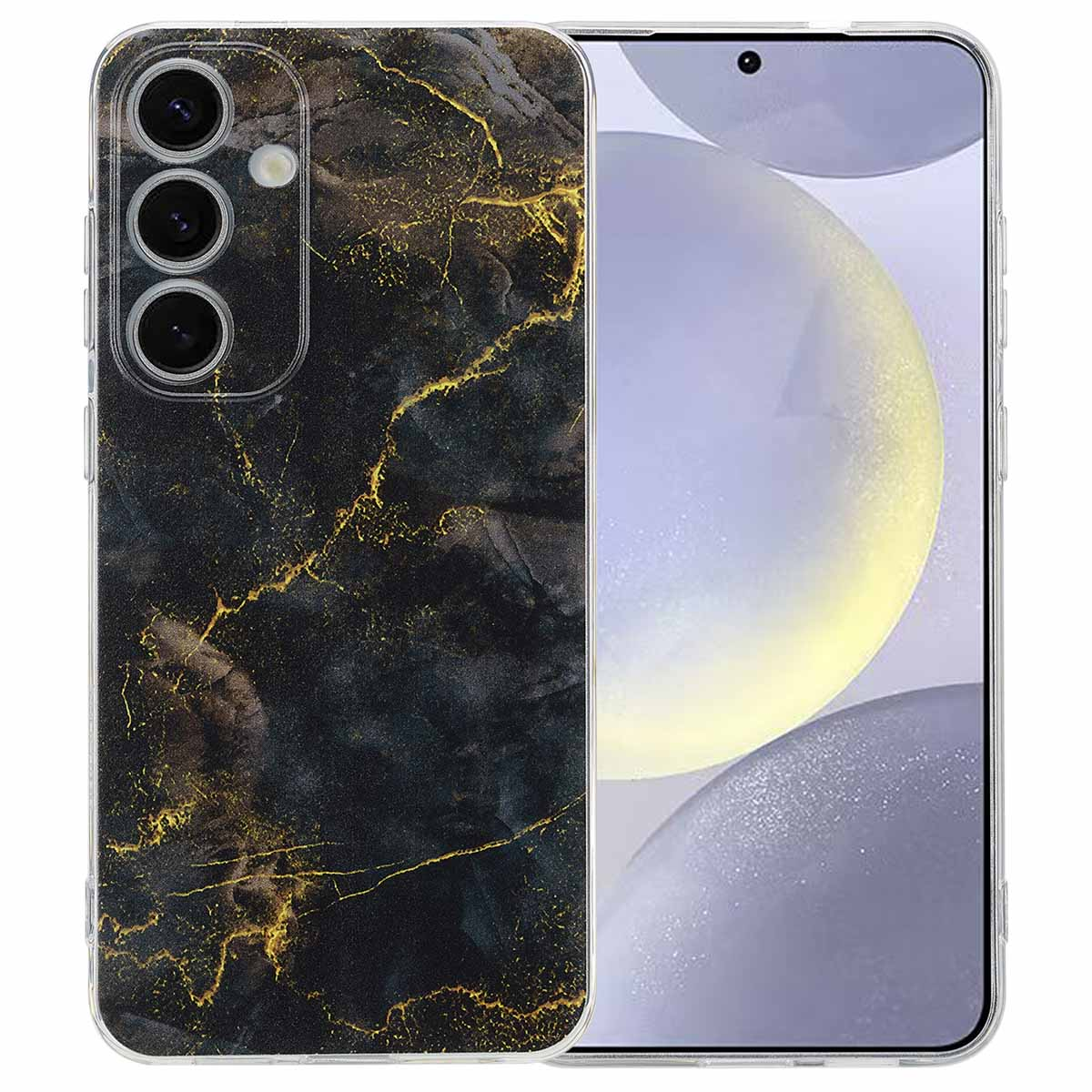 Coque de téléphone noire avec design marbre doré. Texte: ajustement parfait.