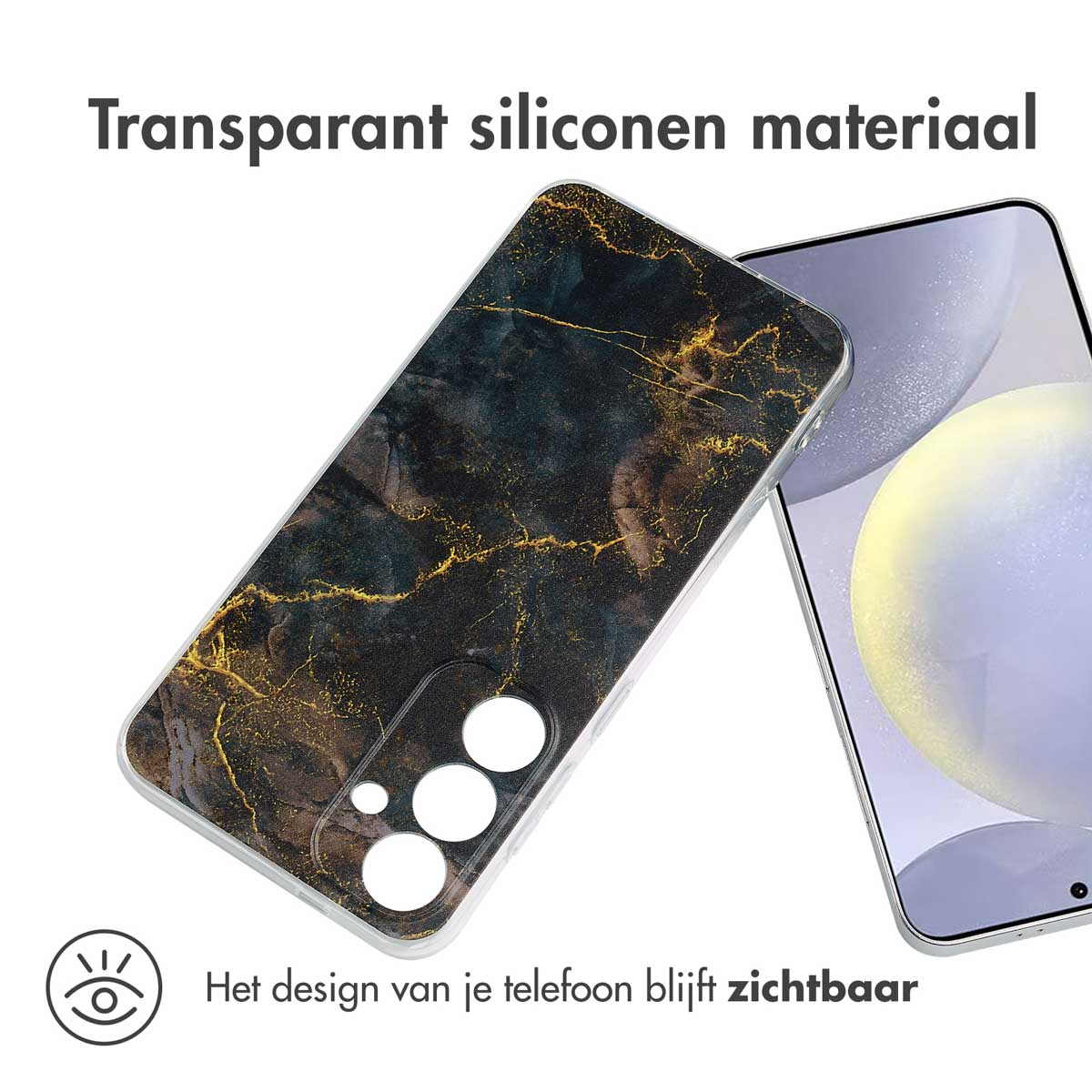Coque de téléphone avec un motif marbré, sur un téléphone. Le design est visible.