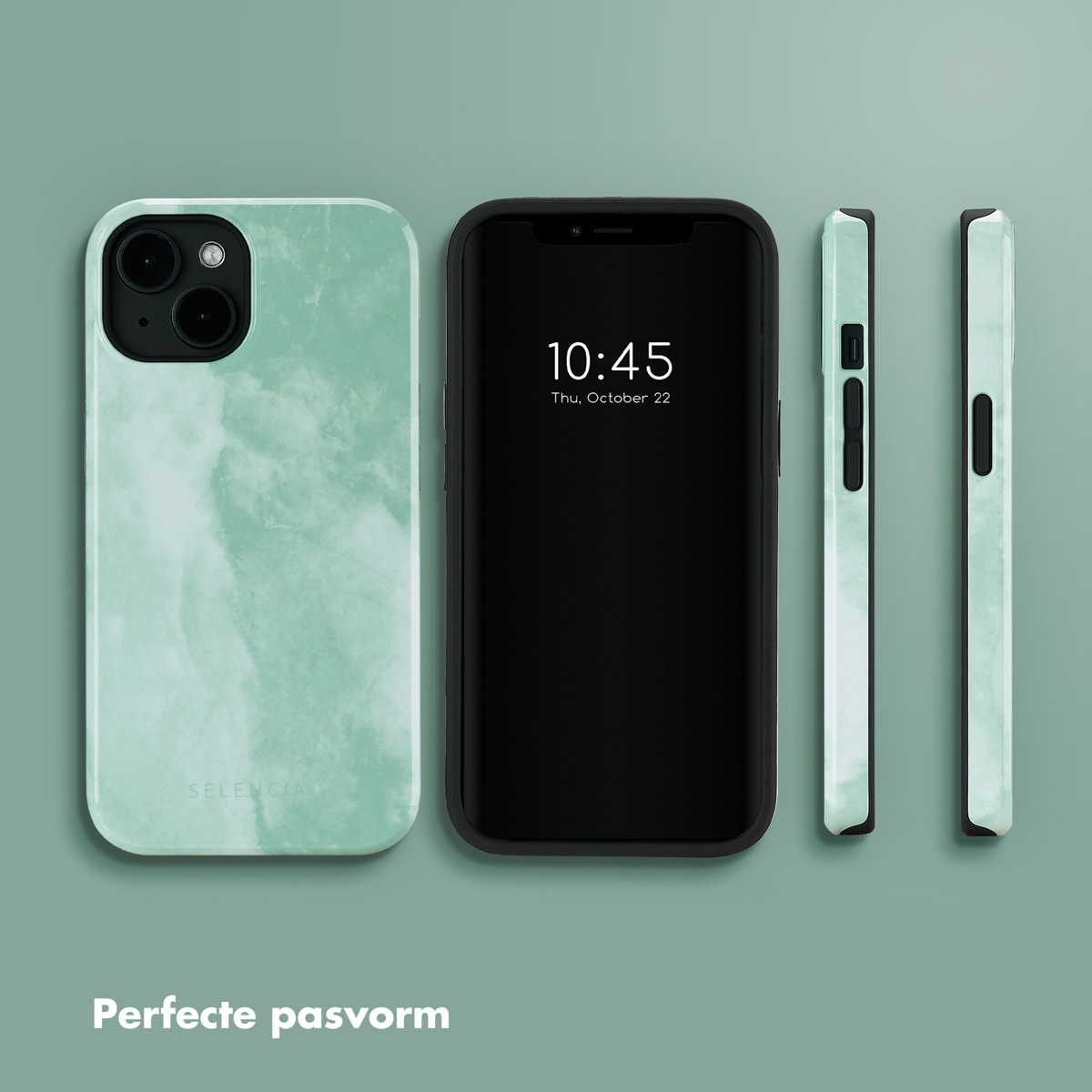 Coque avec motif marbre vert et téléphone, écran allumé affichant l'heure. Texte : Ajustement parfait.
