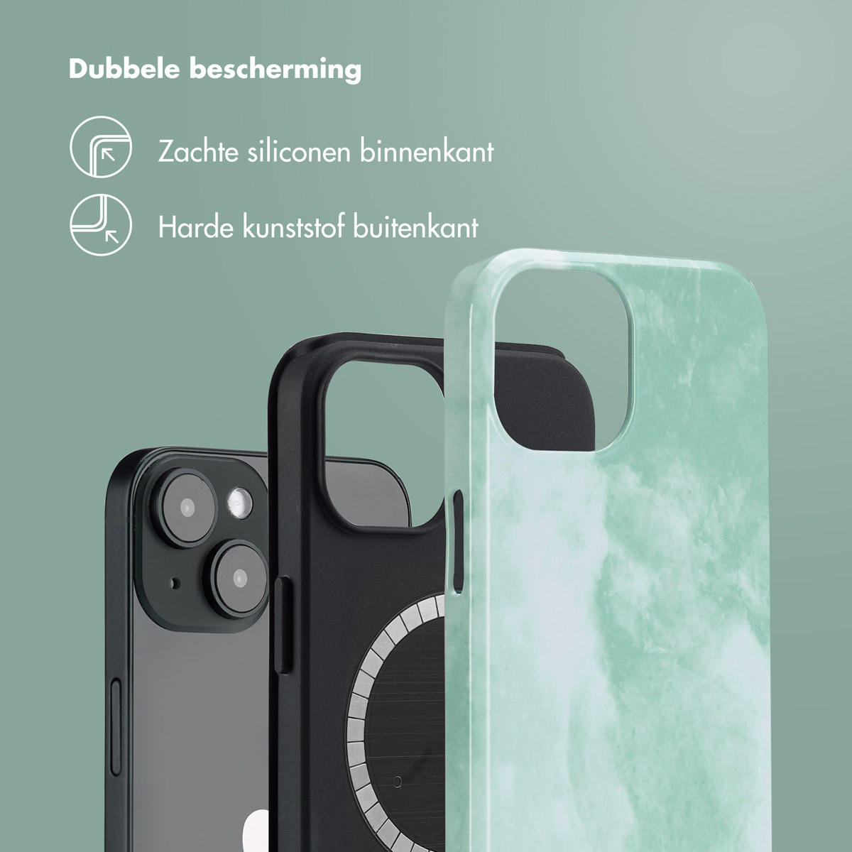 Coque, motif marbre vert, avec téléphone dedans. Texte : Double protection. Silicone souple à l'intérieur, plastique dur à l'extérieur.