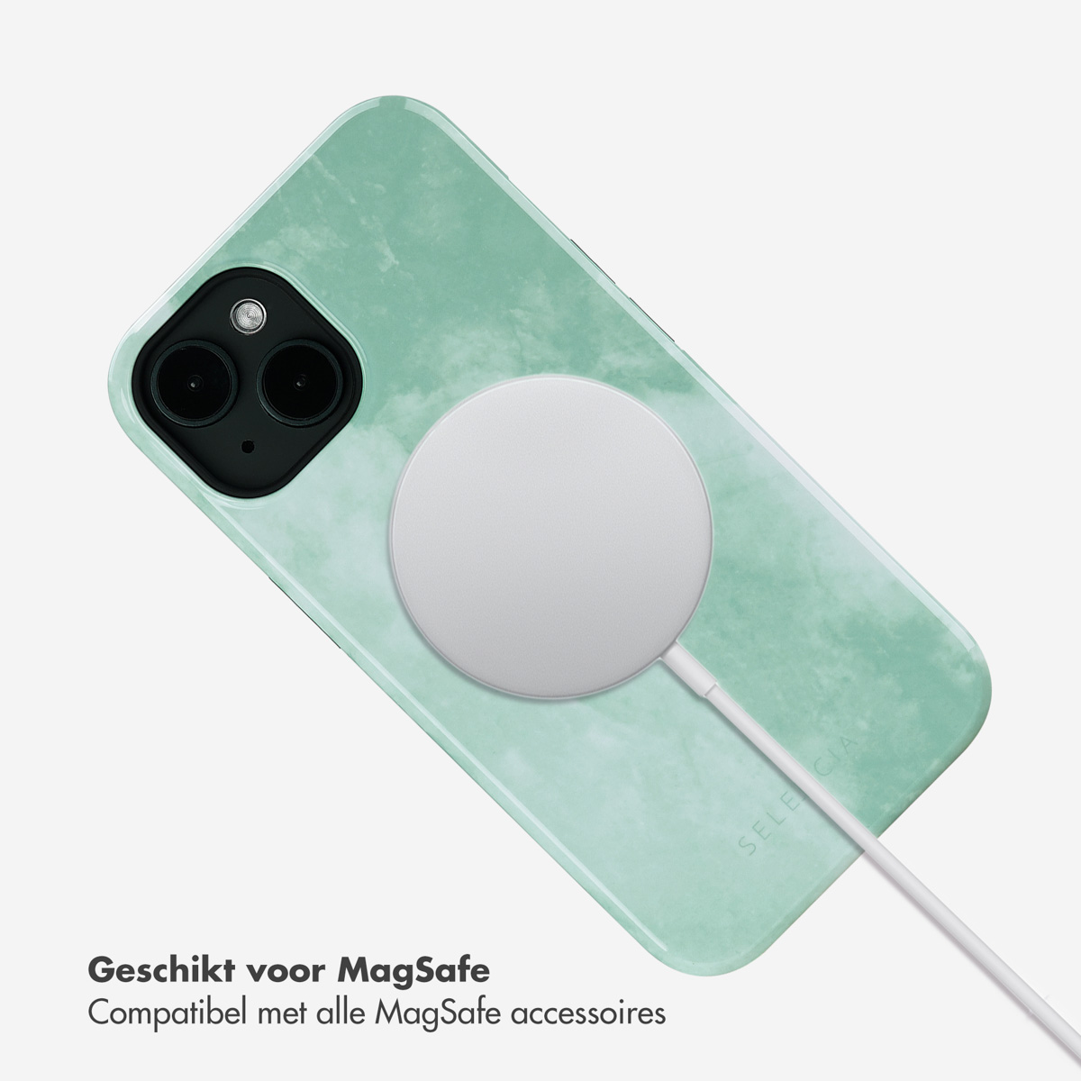 Coque avec motif marbre vert et téléphone. Texte : Convient pour MagSafe. Compatible avec tous les accessoires MagSafe.
