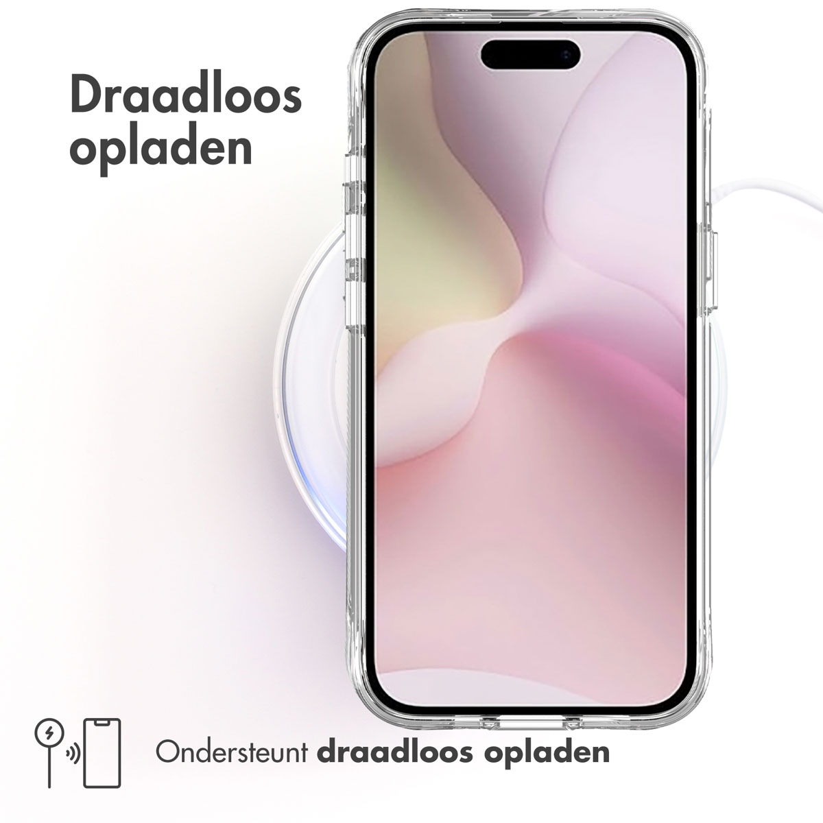 Coque transparente avec téléphone, chargement sans fil. Texte : Chargement sans fil pris en charge. Supporté par icône de téléphone.