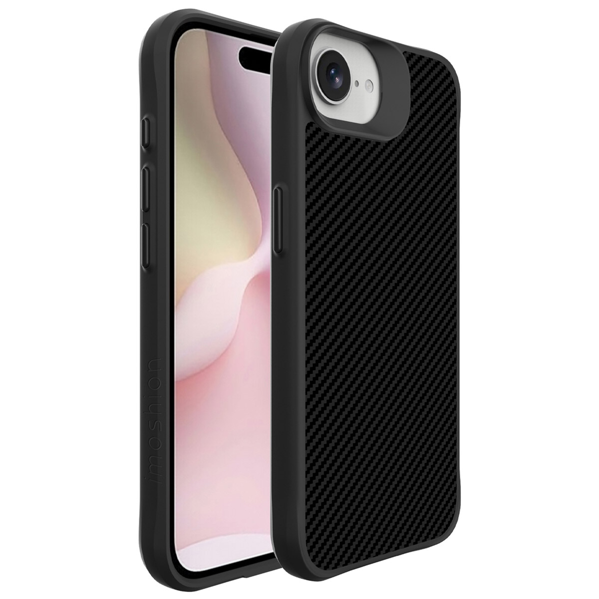 Coque de téléphone noire, texture fibre de carbone. Étui ouvert, téléphone à l'intérieur. Fond blanc.