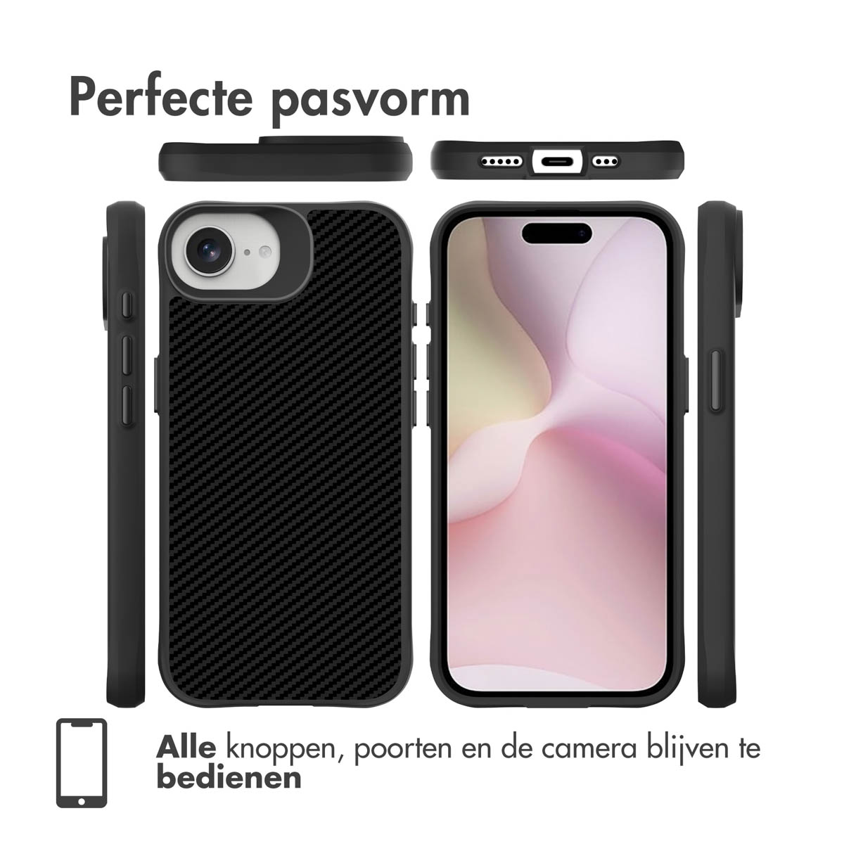 Une coque de téléphone avec un design en fibre de carbone noire. La coque de téléphone est démontée, montrant tous les côtés.