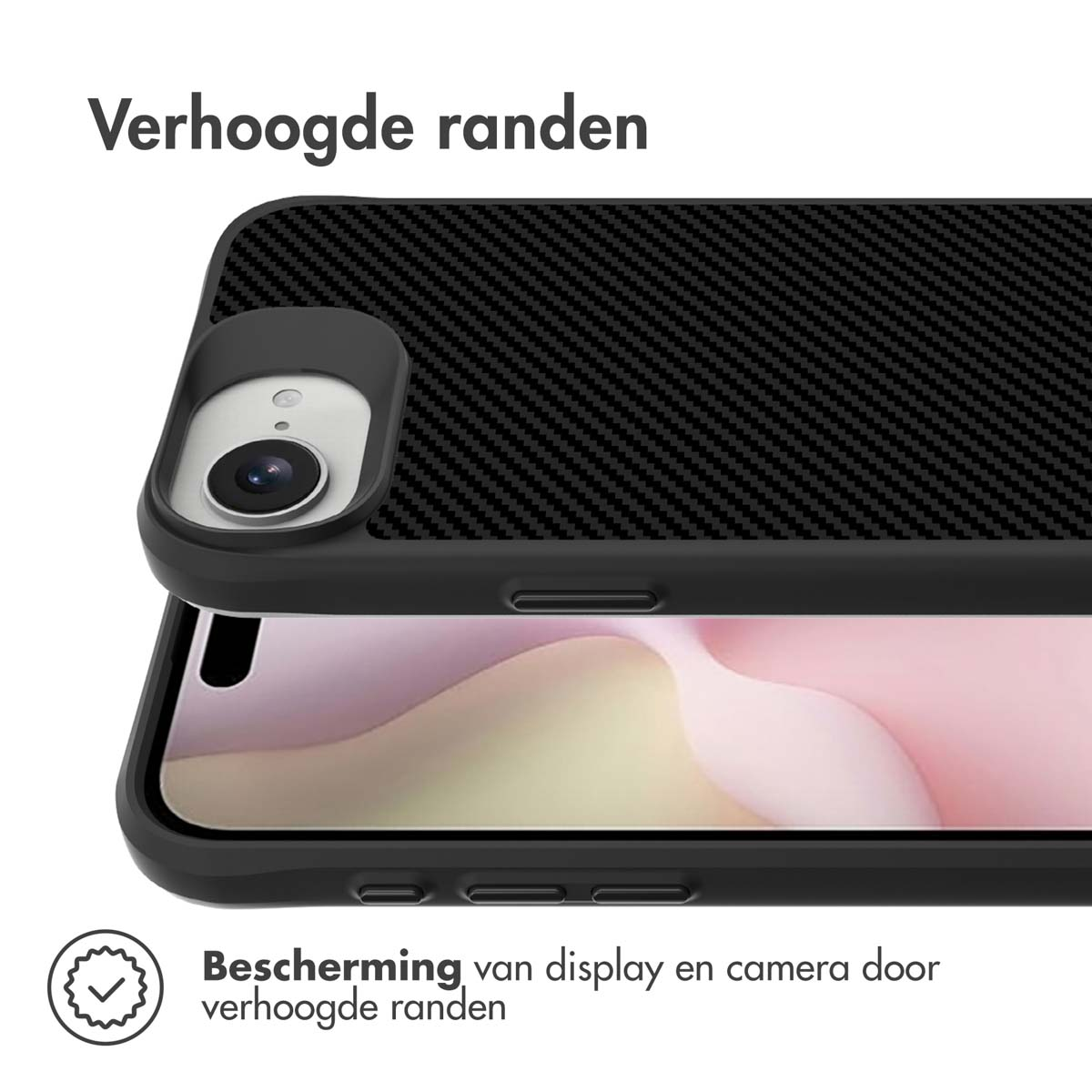 Coque de téléphone noire avec bords surélevés protecteurs, couvrant l'appareil photo et l'écran.