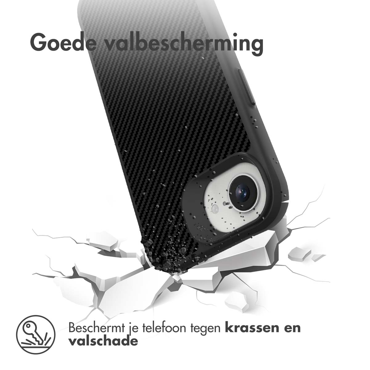 Coque de téléphone frappée par une pierre, brisant le sol, soulignant la protection contre les dommages.