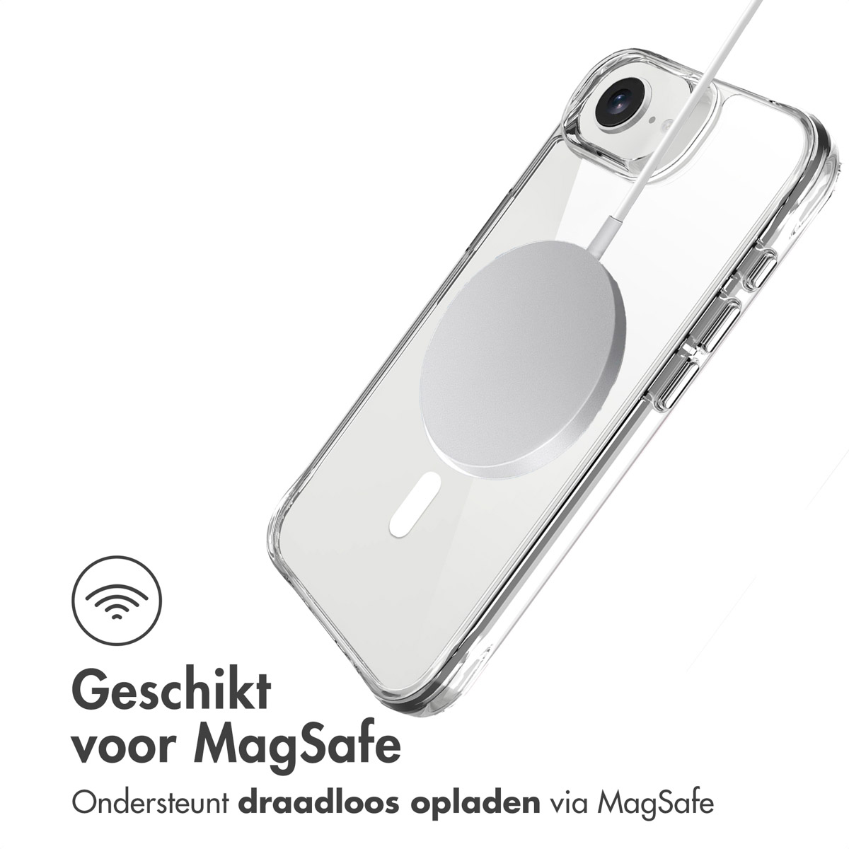 A clear phone case with a MagSafe charger attached, text says it supports wireless charging.