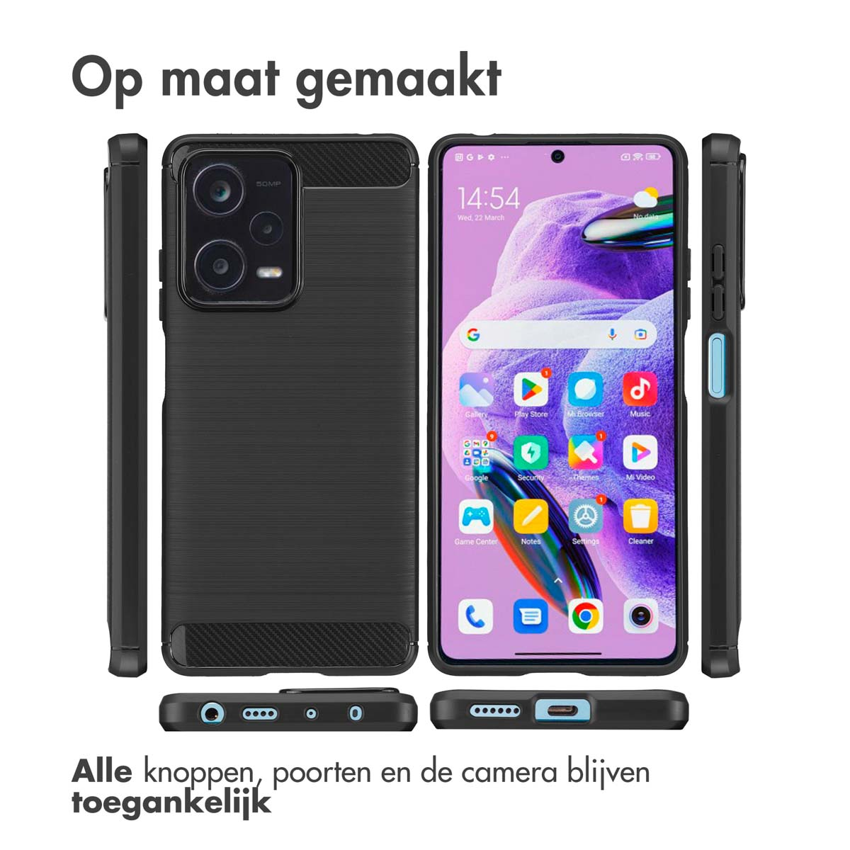Custodia per telefono. Diverse viste, tra cui frontale, posteriore e laterale. Tutti i pulsanti, le porte e la fotocamera sono accessibili.