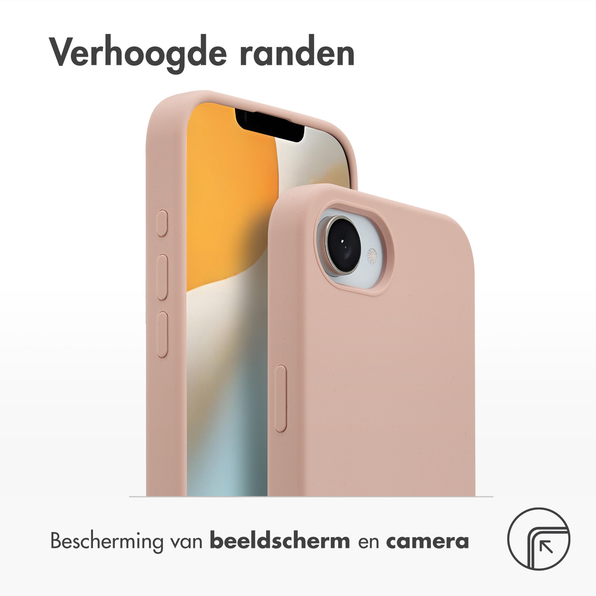 Roze telefoonhoesje met verhoogde randen, benadrukt scherm- en camerabescherming.