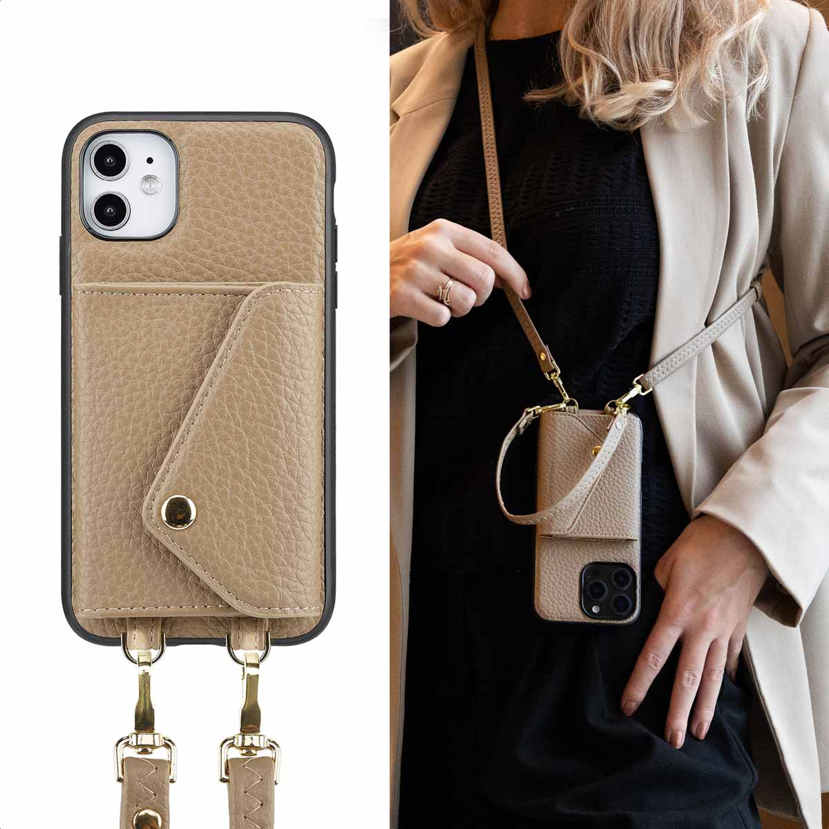 Femme portant un étui de téléphone avec une poche pour cartes et une sangle autour du cou.