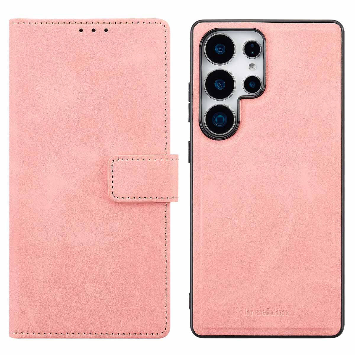 Roze telefoonhoesje, open en dicht. Open toont de camera van de telefoon. Gesloten hoesje heeft een sluiting.