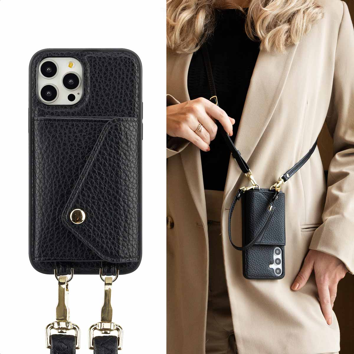 Een zwarte telefoonhoes met een riem, bevestigd aan een telefoon, hangend op de schouder van een vrouw.